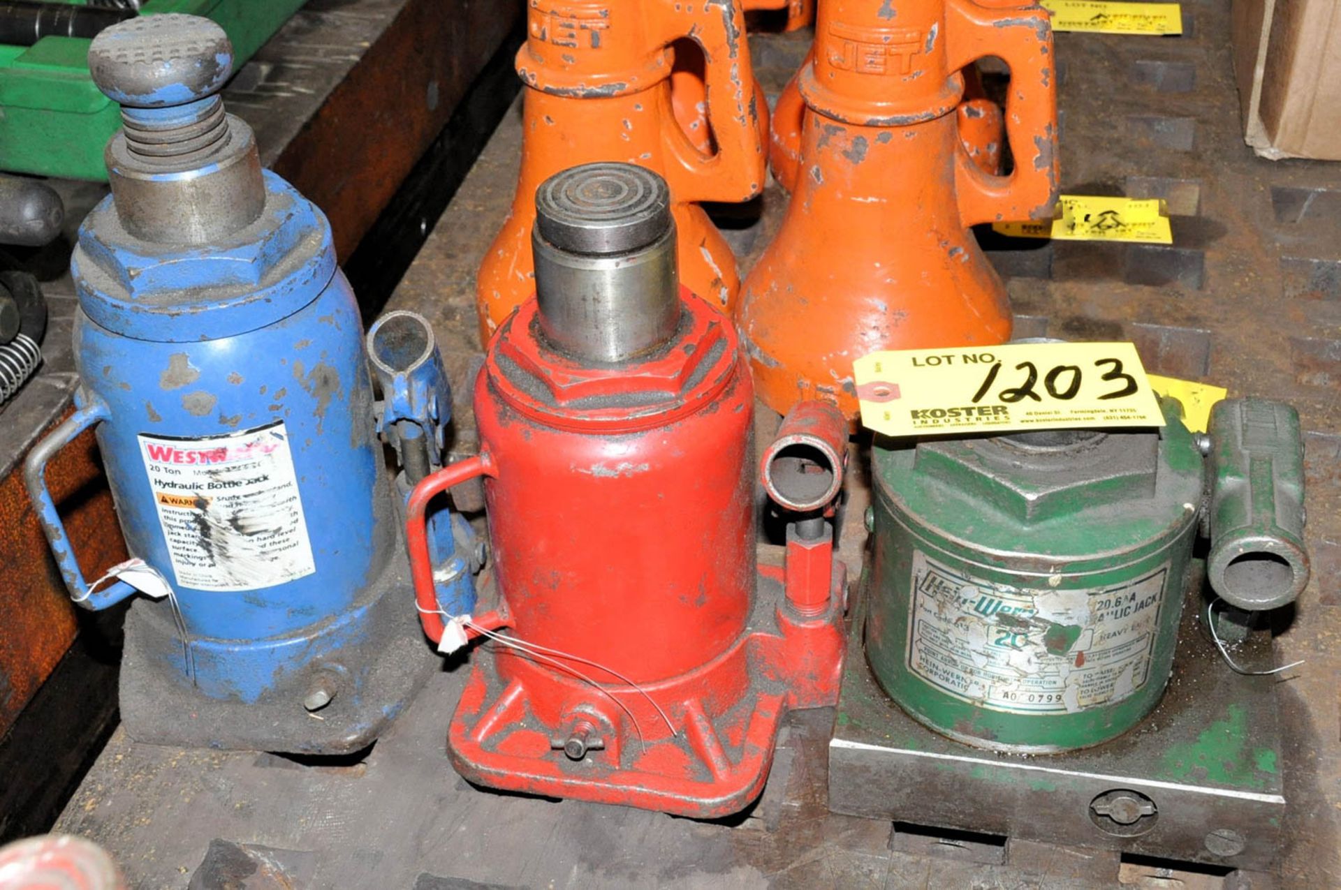 (1) WESTWARD 20-TON, (1) NO NAME APPROX. 20-TON AND (1) HEIN-WERNER 20-TON HYDRAULIC BOTTLE JACKS