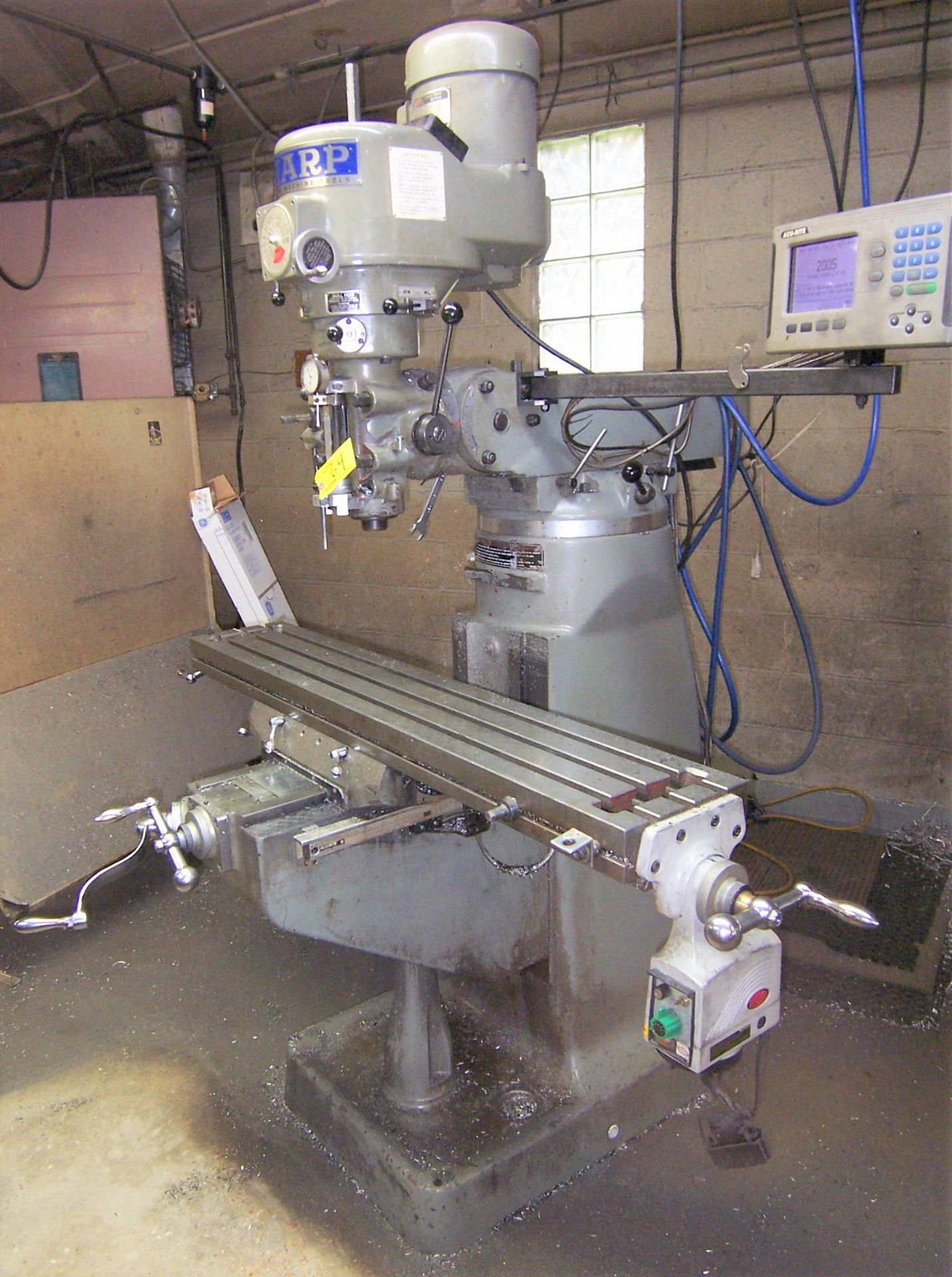 SHARP 3HP VARI-SPEED VERTICAL MILLING MACHINE WITH 9" X 50" POWER FEED TABLE, SPINDLE SPEEDS TO 4,