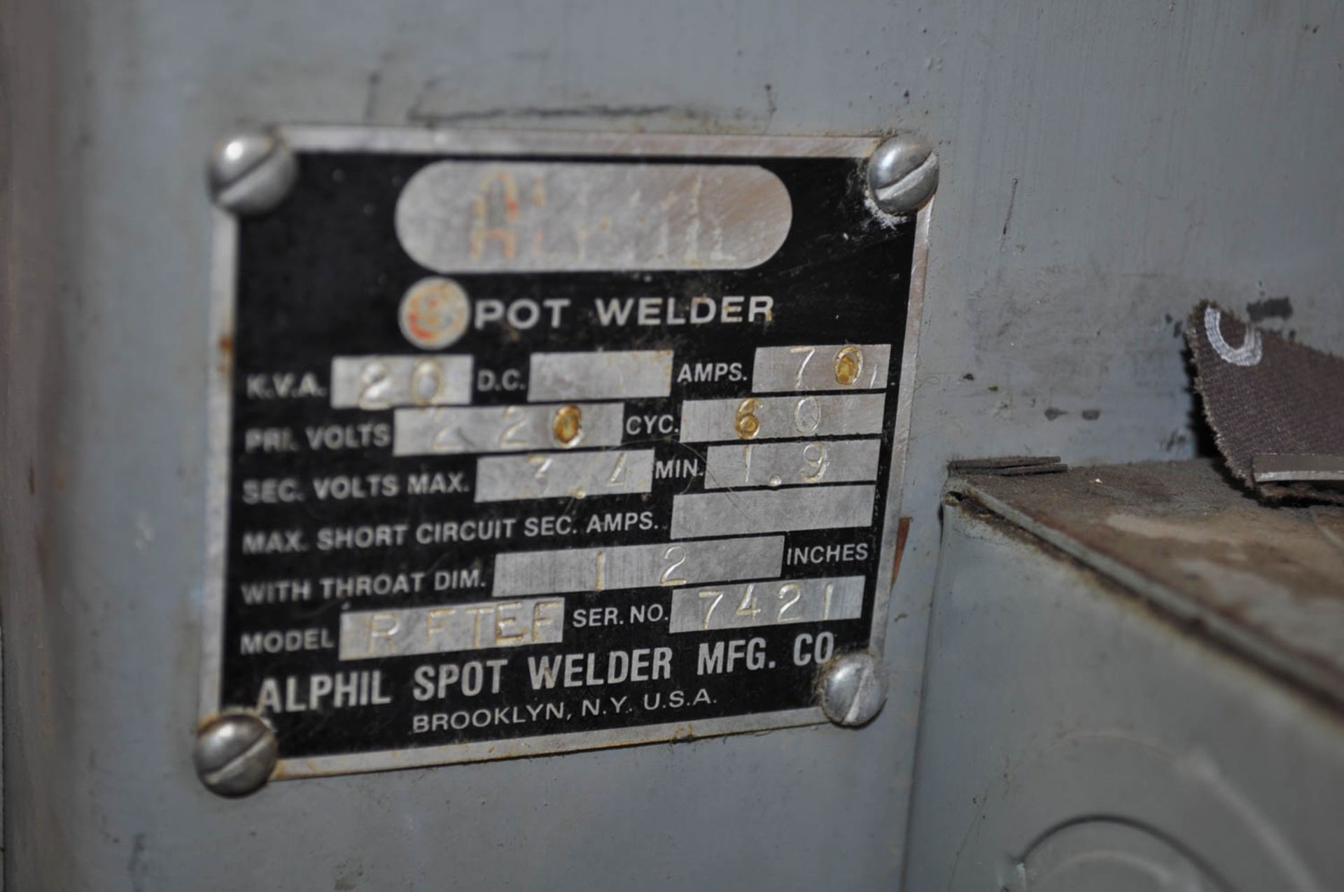 ALPHIL MDL. RFTEE 20-KVA ROCKER ARM SPOT WELDER, WELD TIMER, 14" THROAT, S/N: 7421 - Image 2 of 2