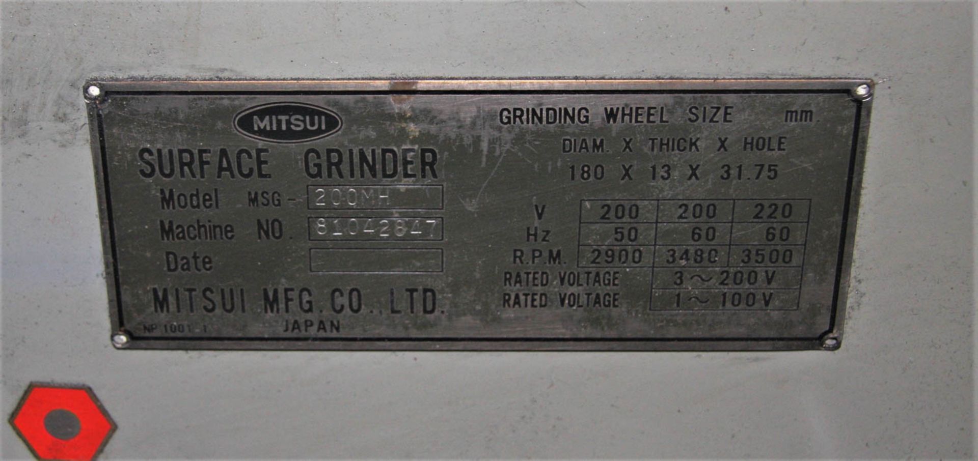 6" X 12" MITSUI MSG-200MH HAND FEED SURFACE GRINDER, 1kw, PERMANENT MAGNETIC CHUCK, S/N: - Image 4 of 4