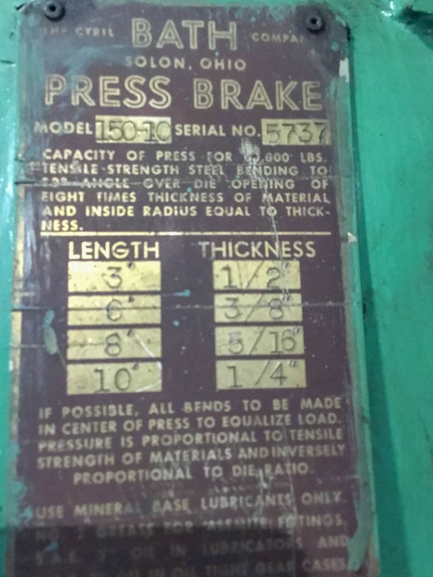 Cyril Bath Mdl. 150-10 12’ x 150 Ton Mechanical Press Brake - Image 6 of 14