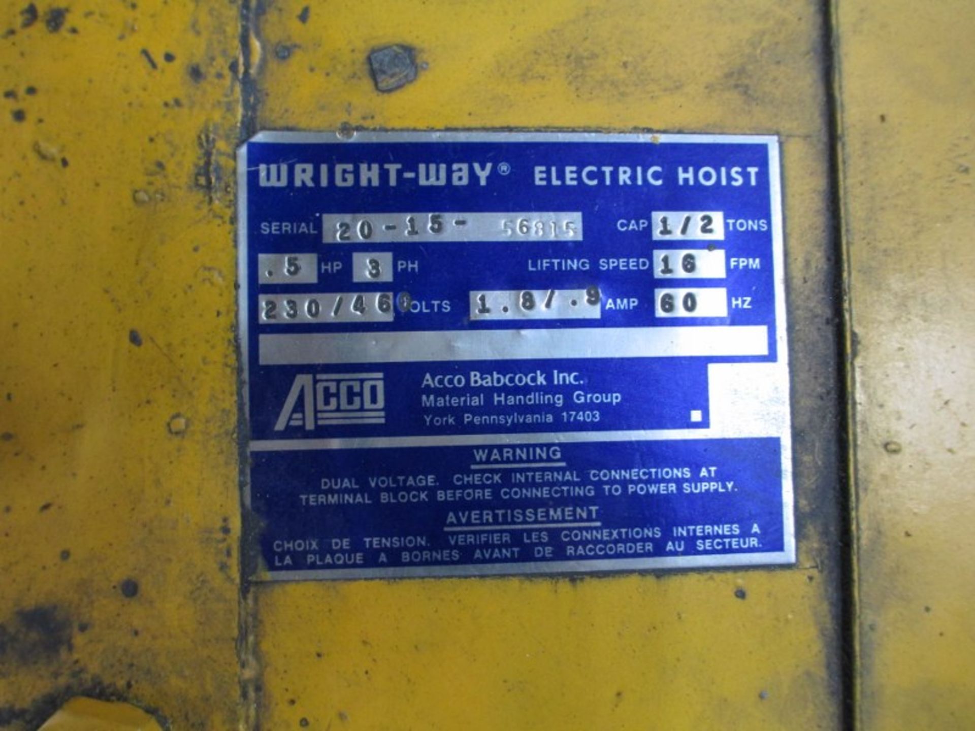 ACCO Model 60091 03 Babcock Inc. Factory Refurbished 1/2-Ton Capacity Electric Hoist - Image 6 of 6