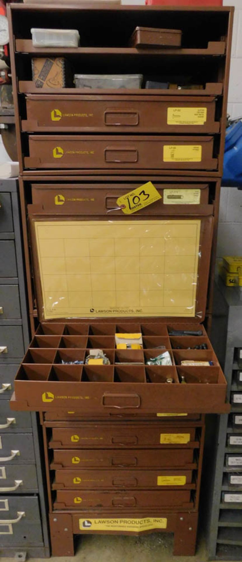 LAWSON 14 DRAWER CABINET WITH HARDWARE, FITTINGS, ETC
