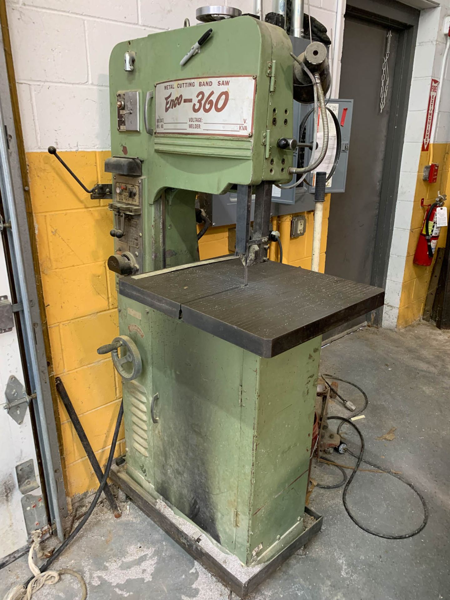 ENCO 360 14" VERTICAL BANDSAW WITH BUTT WELDER ATTACHMENT, S/N: 37075 [1984]