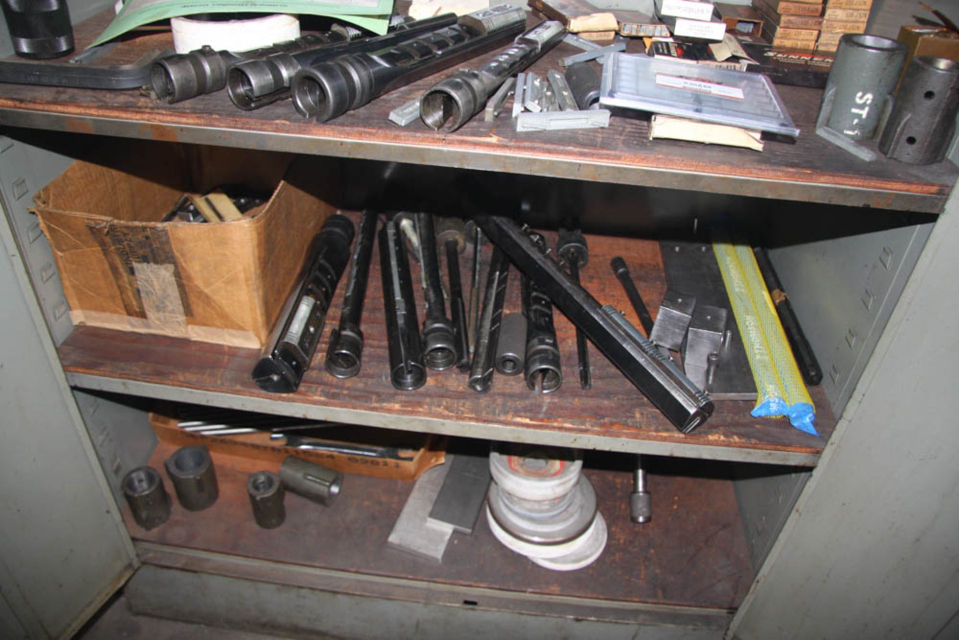 LOT OF ASSORTED MANDRELS, STONES & ASSORTED HONE TOOLING WITH 2-DOOR STEEL CABINET - Image 2 of 3