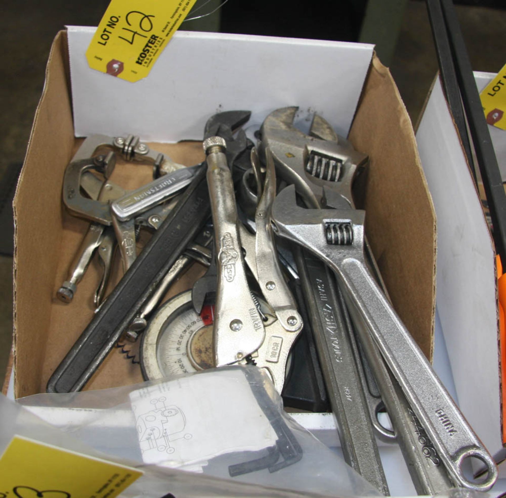 LOT OF ASSORTED ADJUSTABLE WRENCHES, VISE, GRIP CLAMPS