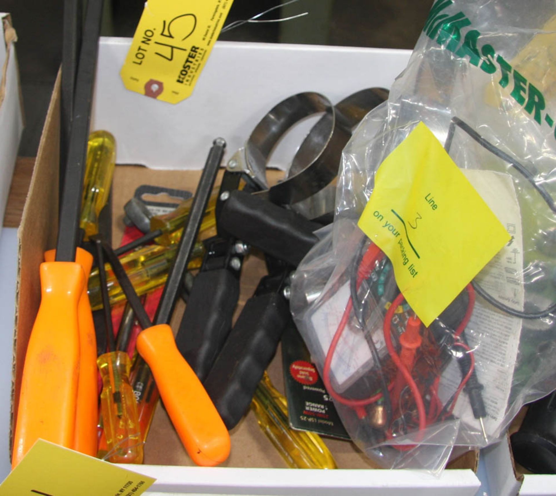 LOT OF ASSORTED HAND TOOLS, INCLUDING: PRY BARS, VOLT METER, SOLDERER, SCREWDRIVERS, ETC.