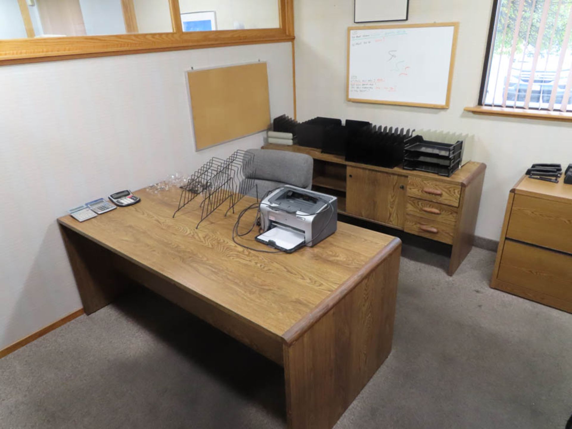 CONTENTS OF OFFICE: DESK, CREDENZA, CHAIRS, FILE CABINETS, BOOKCASE