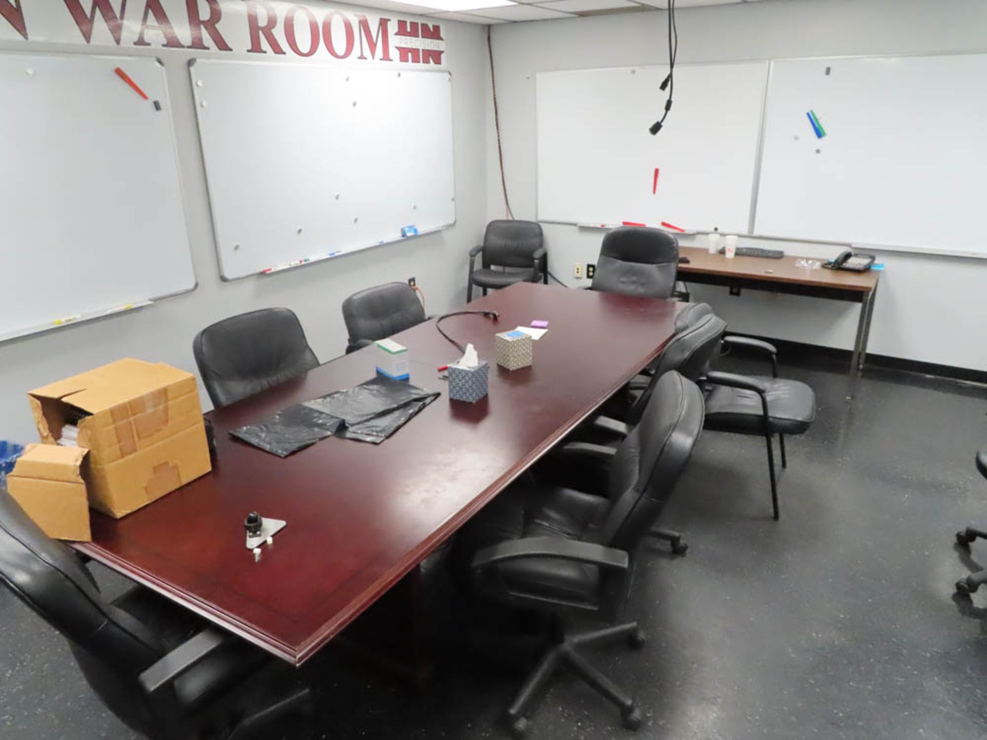 CONFERENCE ROOM: 4' X 10' CONFERENCE TABLE, CHAIRS, 2-DOOR CABINET, BOOKCASES, TABLE (NO PHONES,