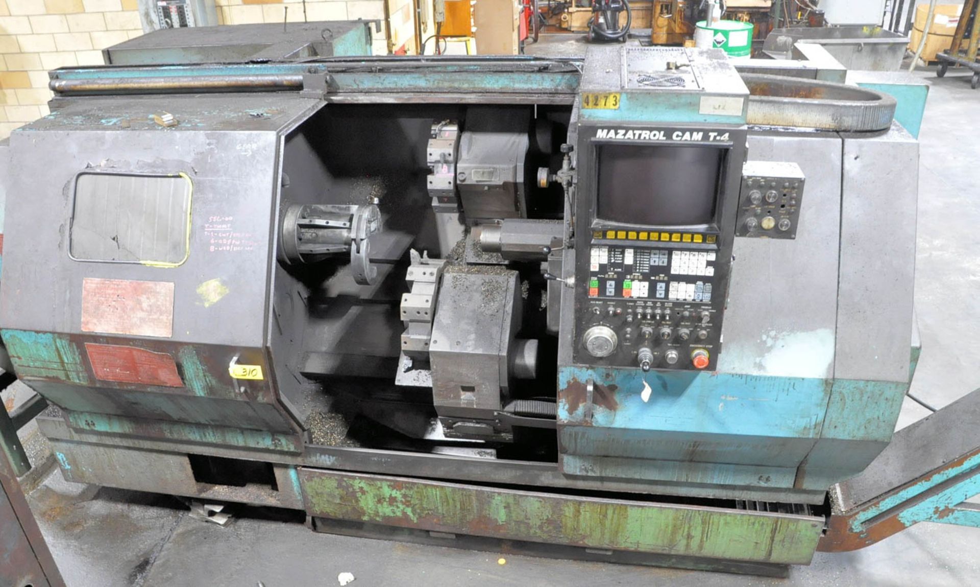 MAZAK CNC LATHE, MAZATROL CAM T-4 CNC CONTROLLER, S/N: N/A, MAZAK MDL. QST30 CHIP CONVEYOR, S/N: