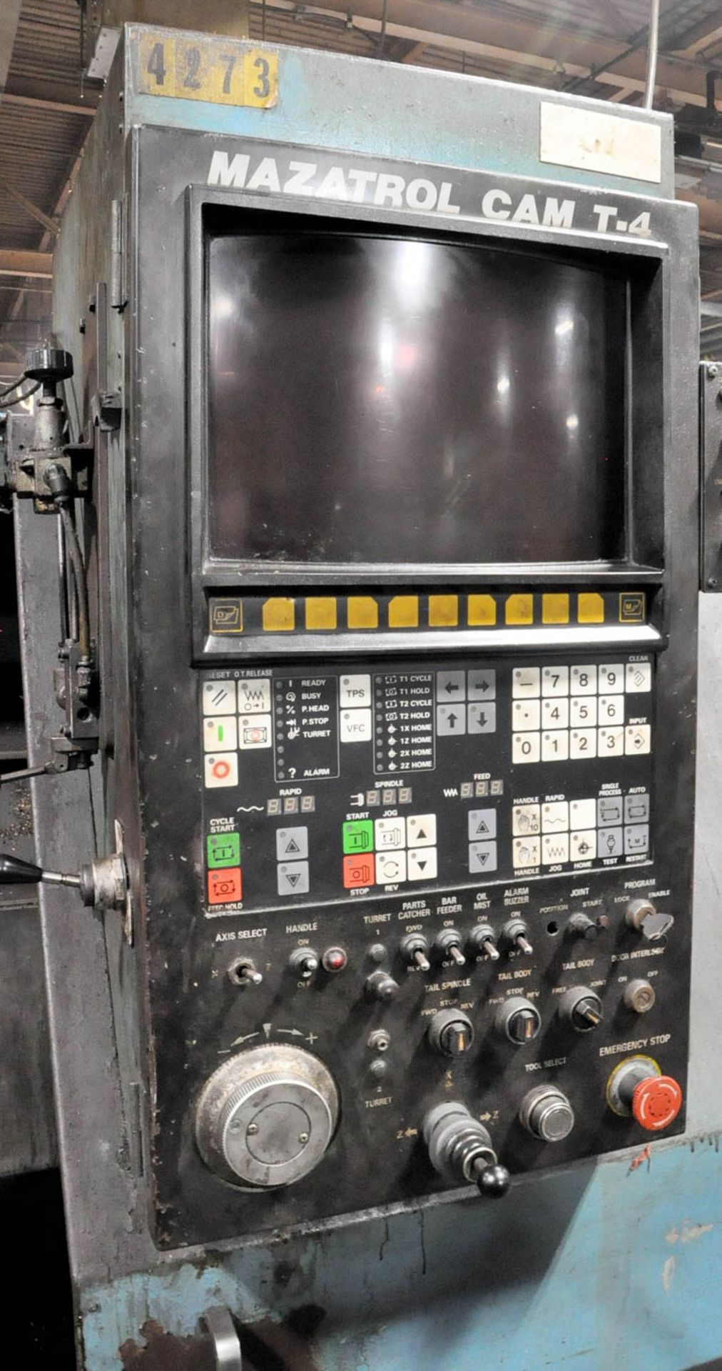 MAZAK CNC LATHE, MAZATROL CAM T-4 CNC CONTROLLER, S/N: N/A, MAZAK MDL. QST30 CHIP CONVEYOR, S/N: - Image 4 of 8