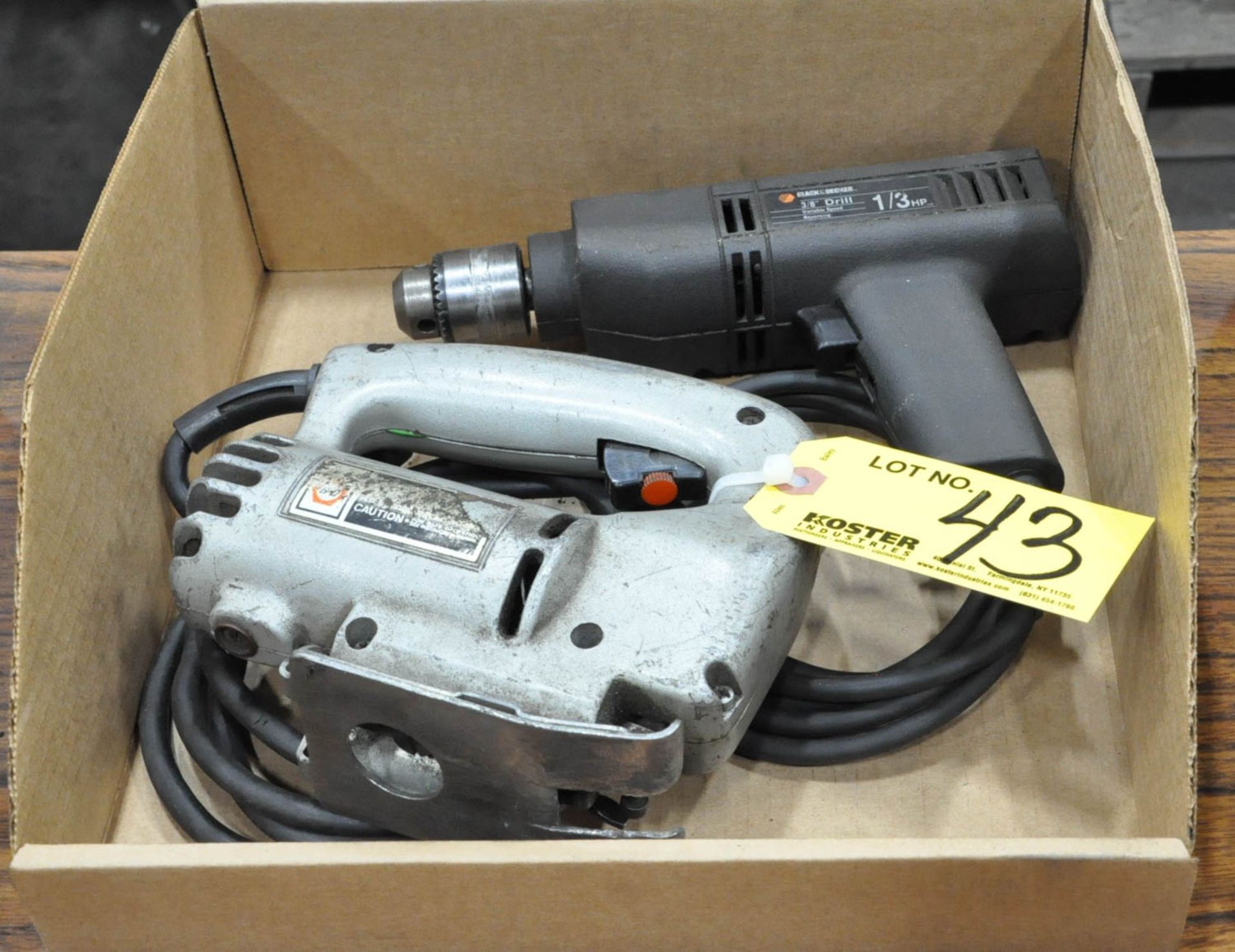 (1) BLACK & DECKER 3/8" DRILL AND (1) JIG SAW IN (1) BOX, (TOOL ROOM)