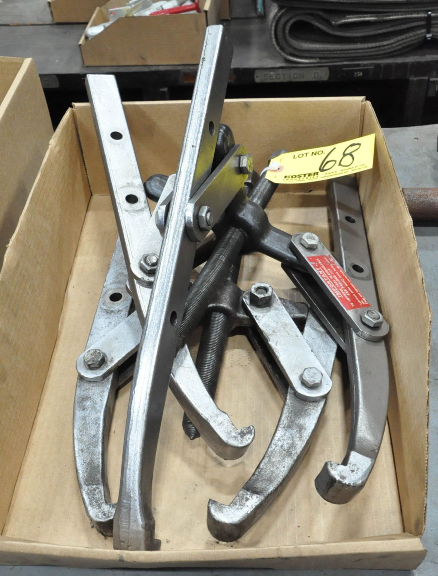 (2) LARGE INDUSTRIAL GEAR PULLERS IN (1) BOX, (TOOL ROOM)