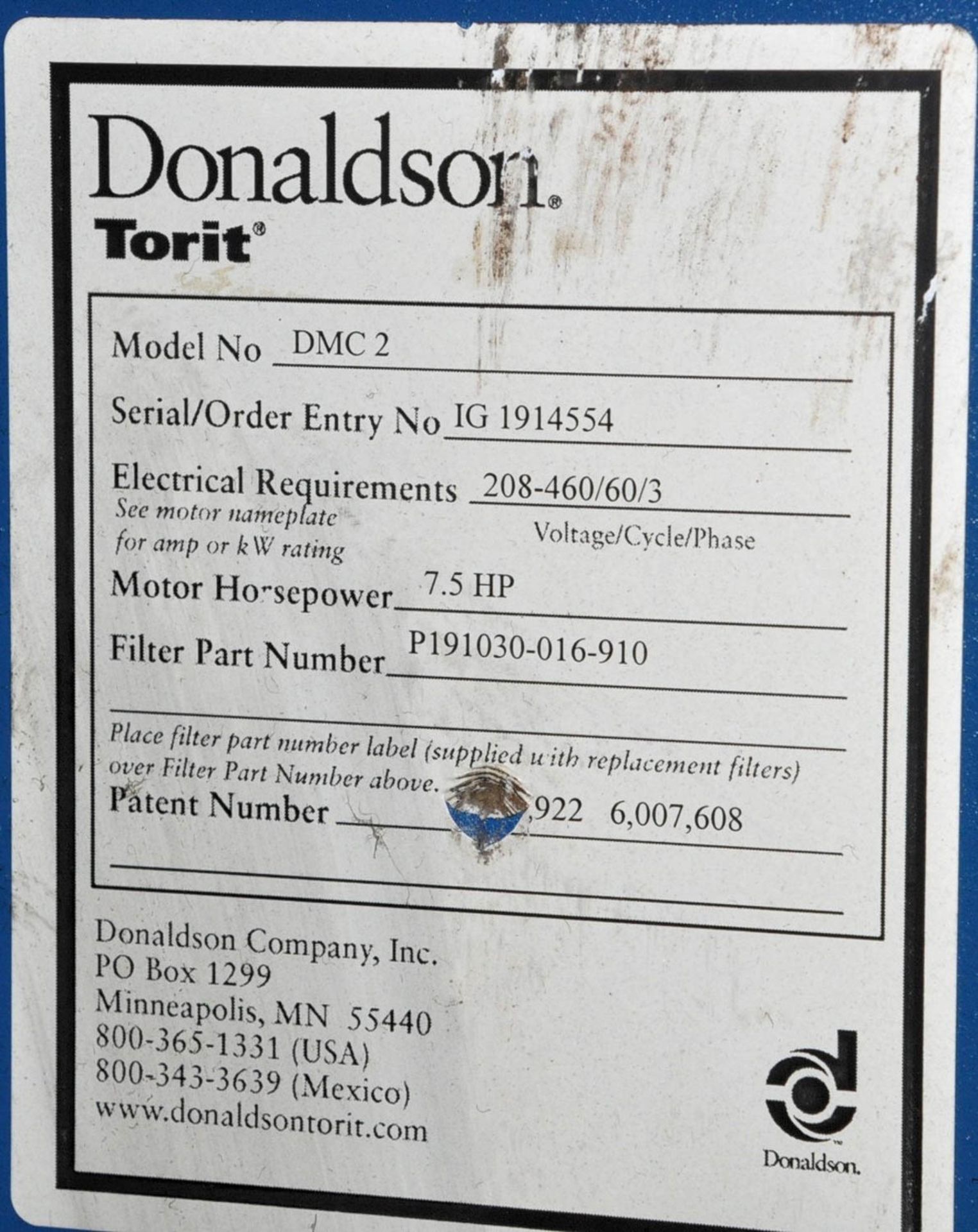 TORIT DONALDSON MDL.DMC 2, VERTICAL MIST DUST COLLECTOR, S/N: 1G 1914554, 7 1/2-HP, (STORAGE AREA- - Image 3 of 3