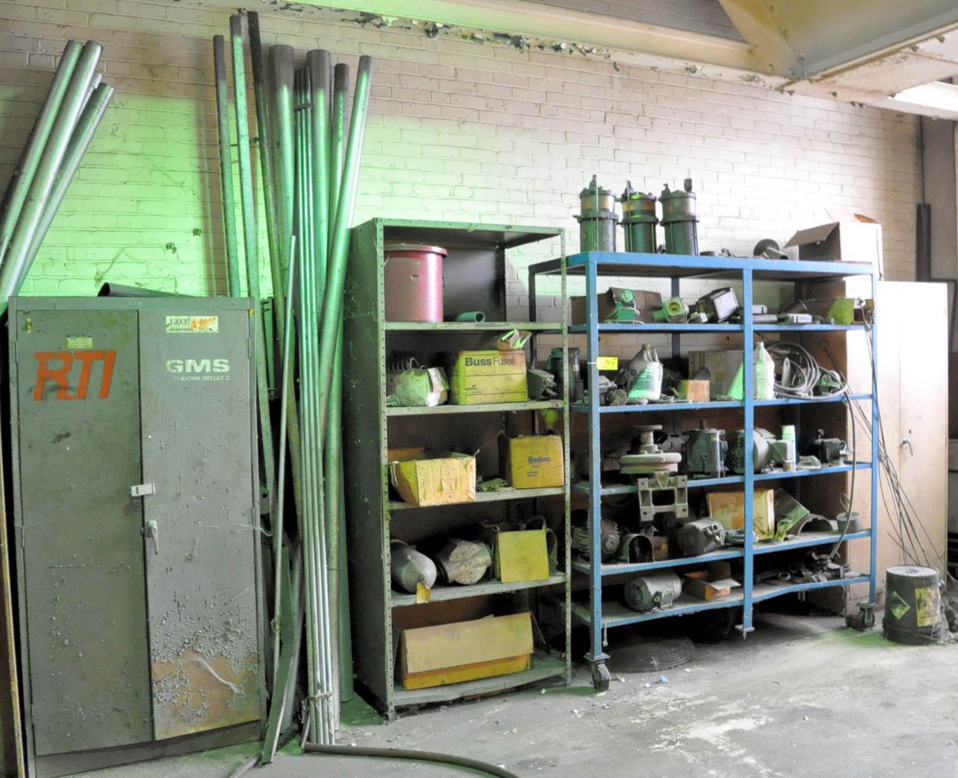 (2) SECTIONS SHELVING & 2-DOOR CABINET WITH MAINTENANCE CONTENTS, (COMPRESSOR ROOM-TIFFIN)