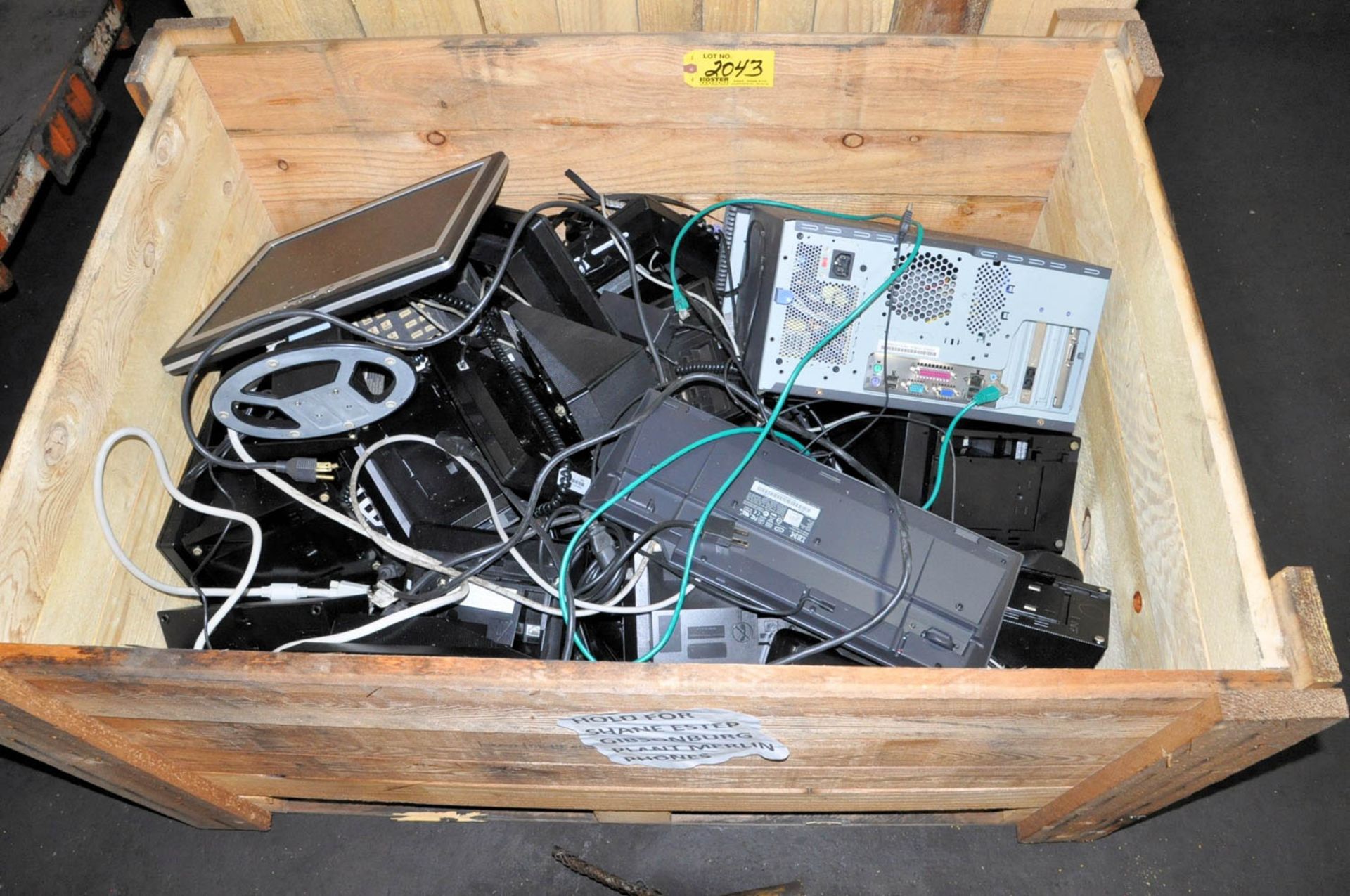 MERLIN PHONES WITH COMPUTER & MONITOR IN (1) CRATE, (STORAGE AREA-TIFFIN)