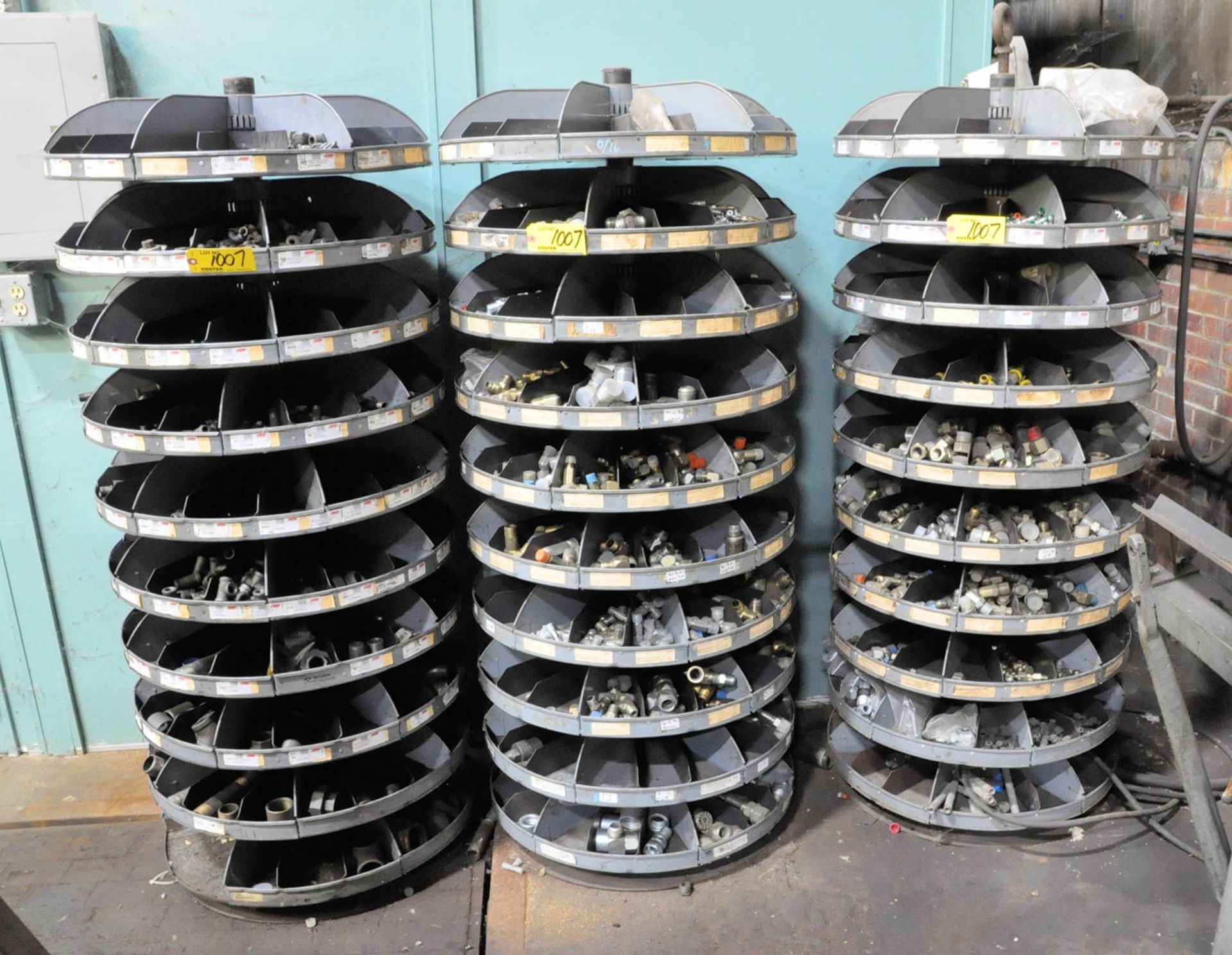 (4) 10-TIER ROTARY PARTS BINS WITH PIPE FITTINGS & MISCELLANEOUS CONTENTS, (TOOL ROOM-TIFFIN)