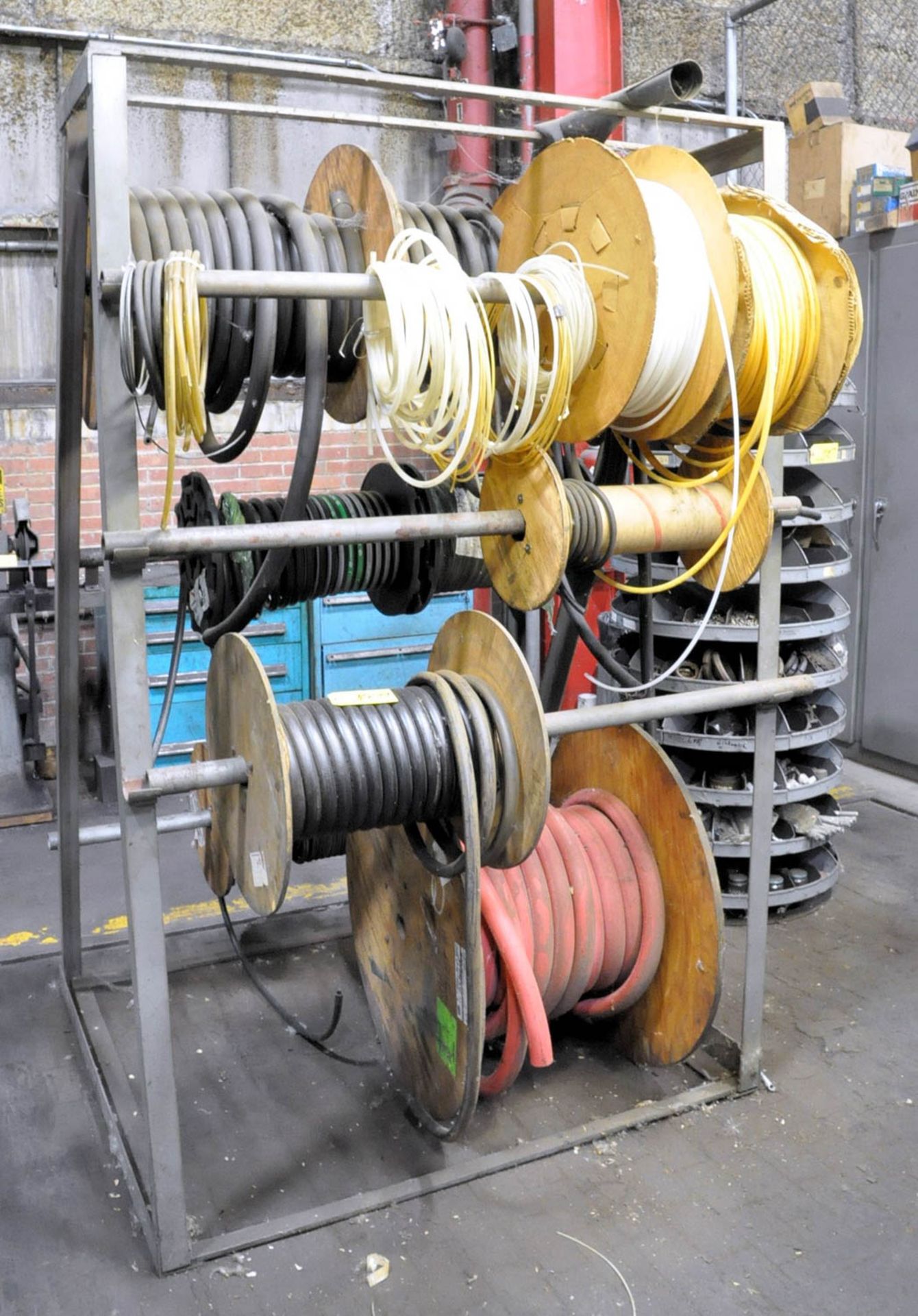 HOSE RACK WITH VARIOUS SPOOLS OF HOSE, (TOOL ROOM-TIFFIN)