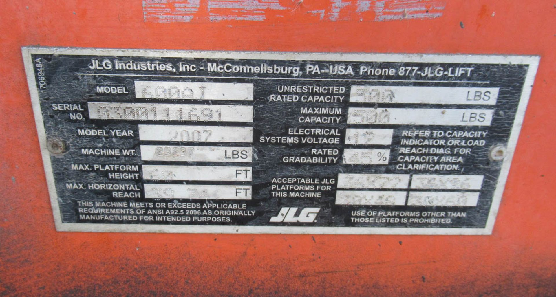 2007 JLG 600AJ BOOM LIFT, DIESEL, 500# CAPACITY, 60' MAX PLATFORM HEIGHT, 39' MAX HORIZONTAL - Image 13 of 13