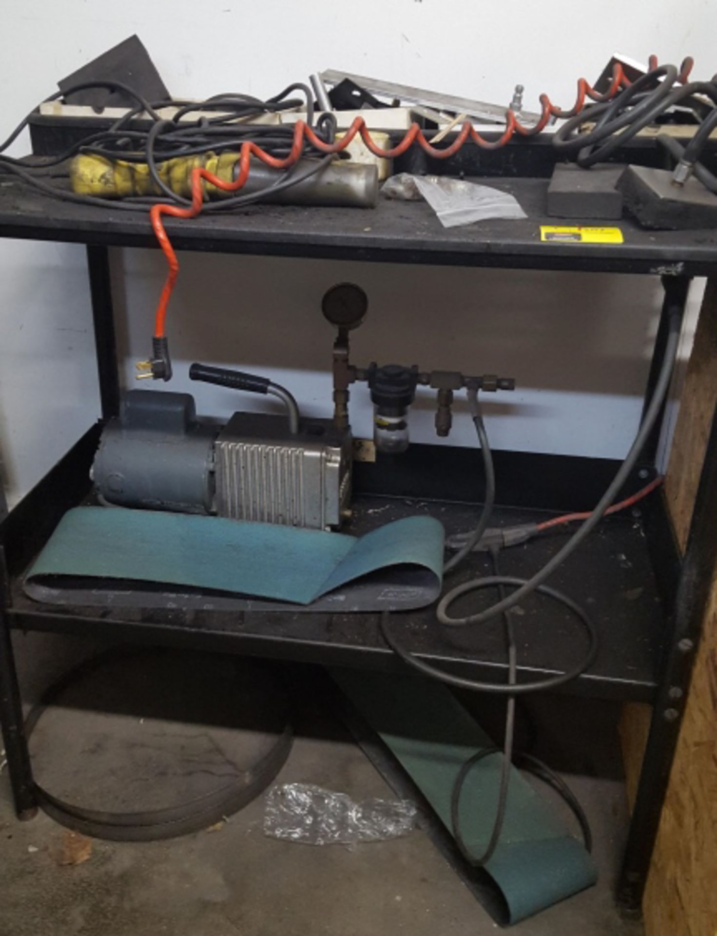 Shelf Unit w/Portable Compressor and Misc. Parts