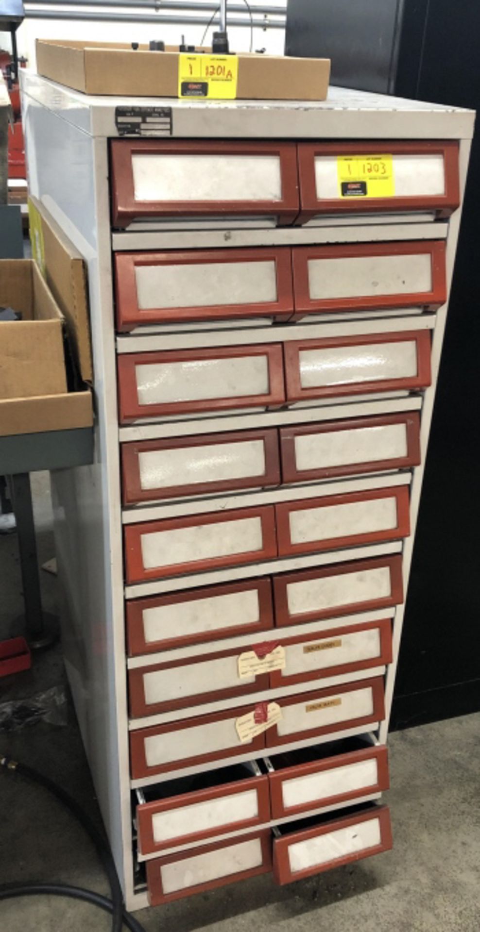 Red and White 20 Drawer Parts Cabinet