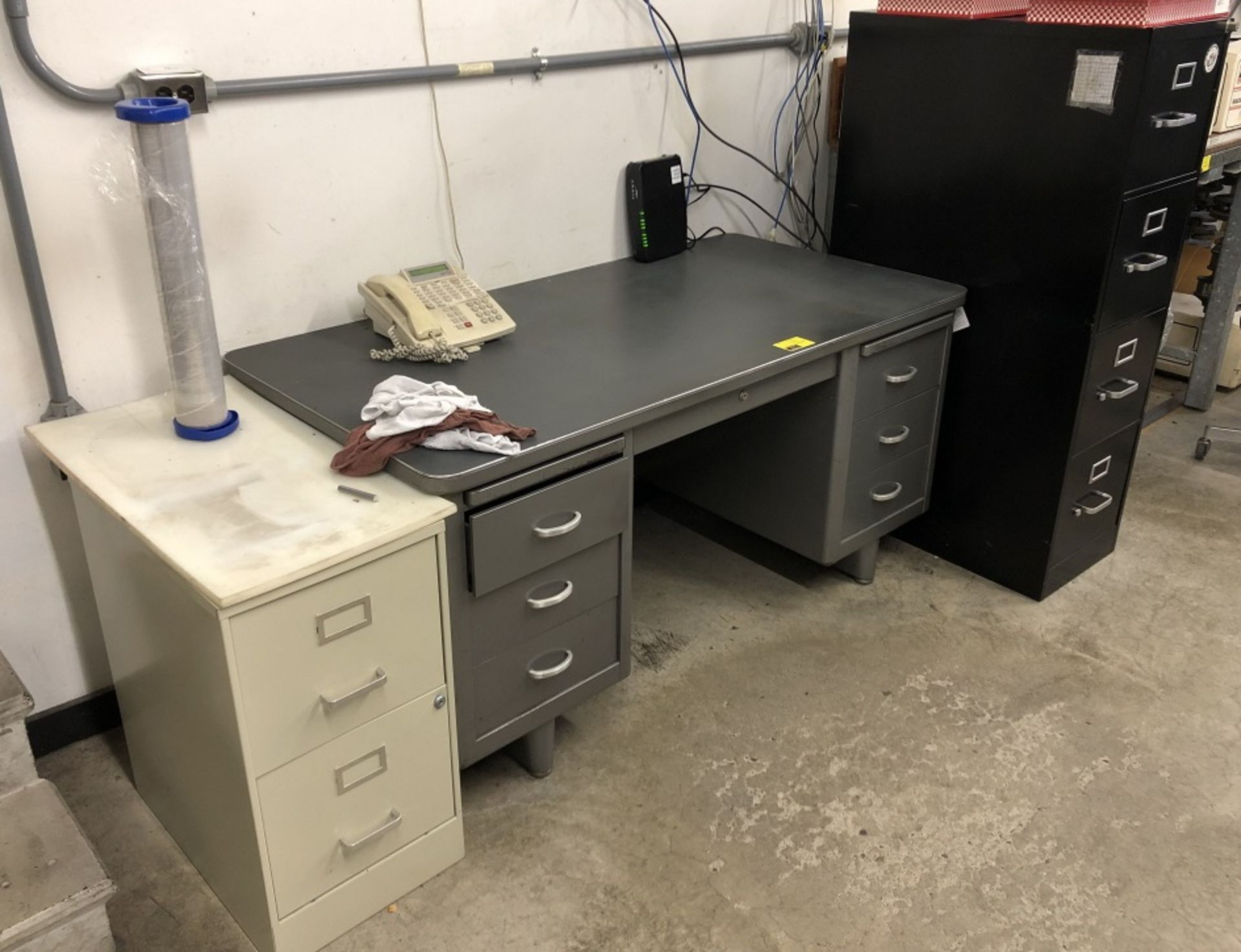 Lot of office furniture including Metal desk,