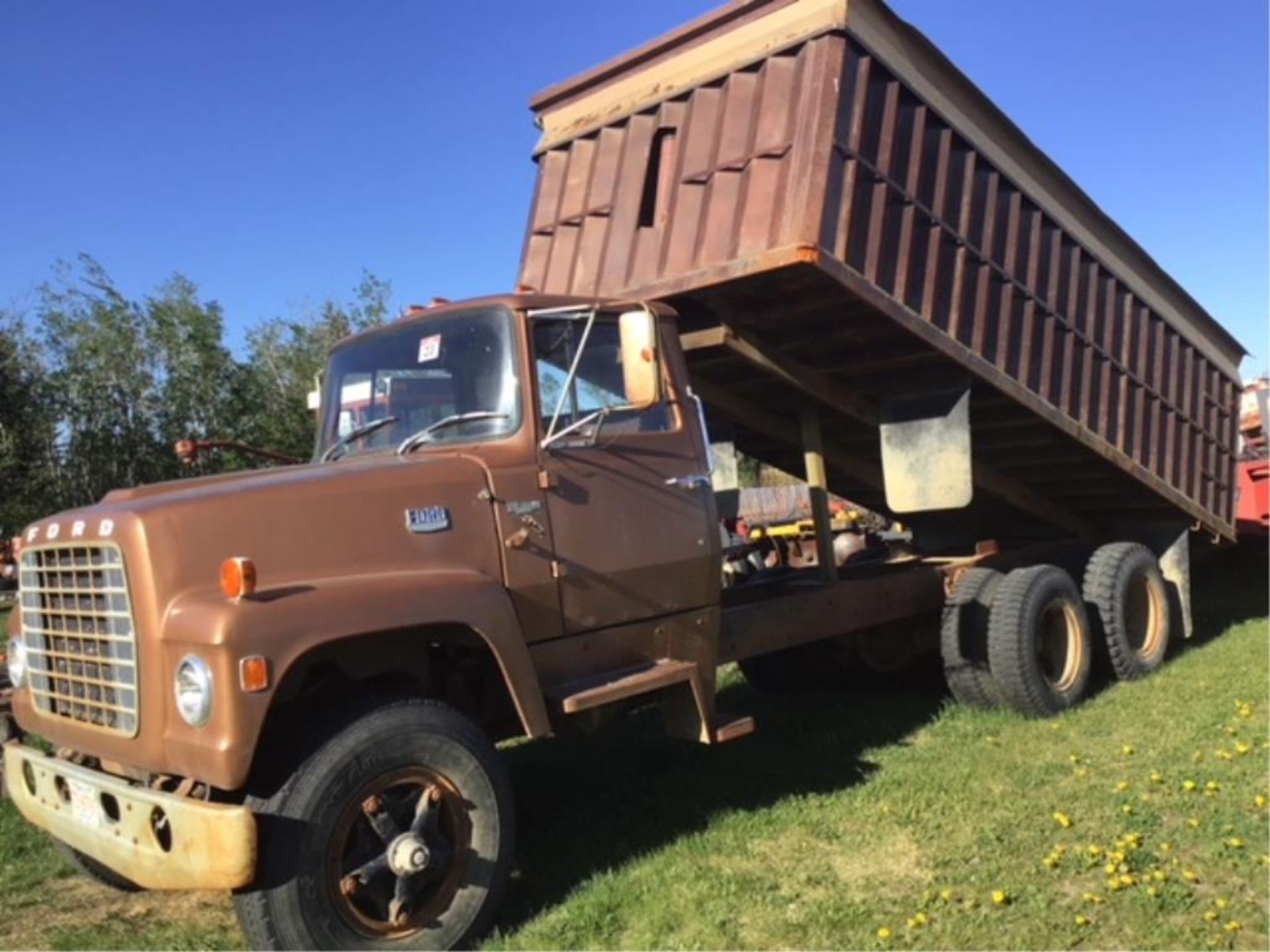 1975 Ford T/A Grain Truck VIN T88HJVV54889 20ft Steel Box & Roll Tarp, 477 Gas Eng, 5 & 3 Trans,