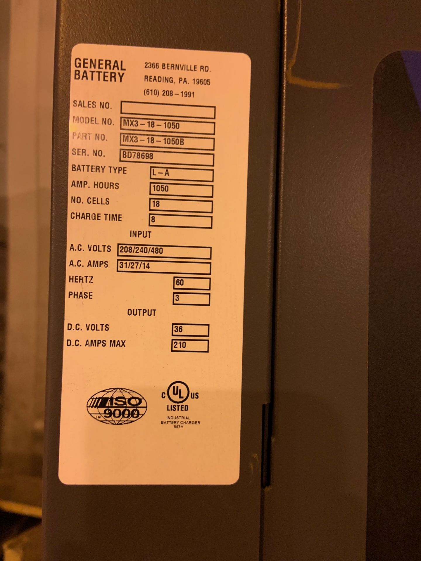 Battery Charger: 36 volt battery charger. Make: The General - Image 2 of 2