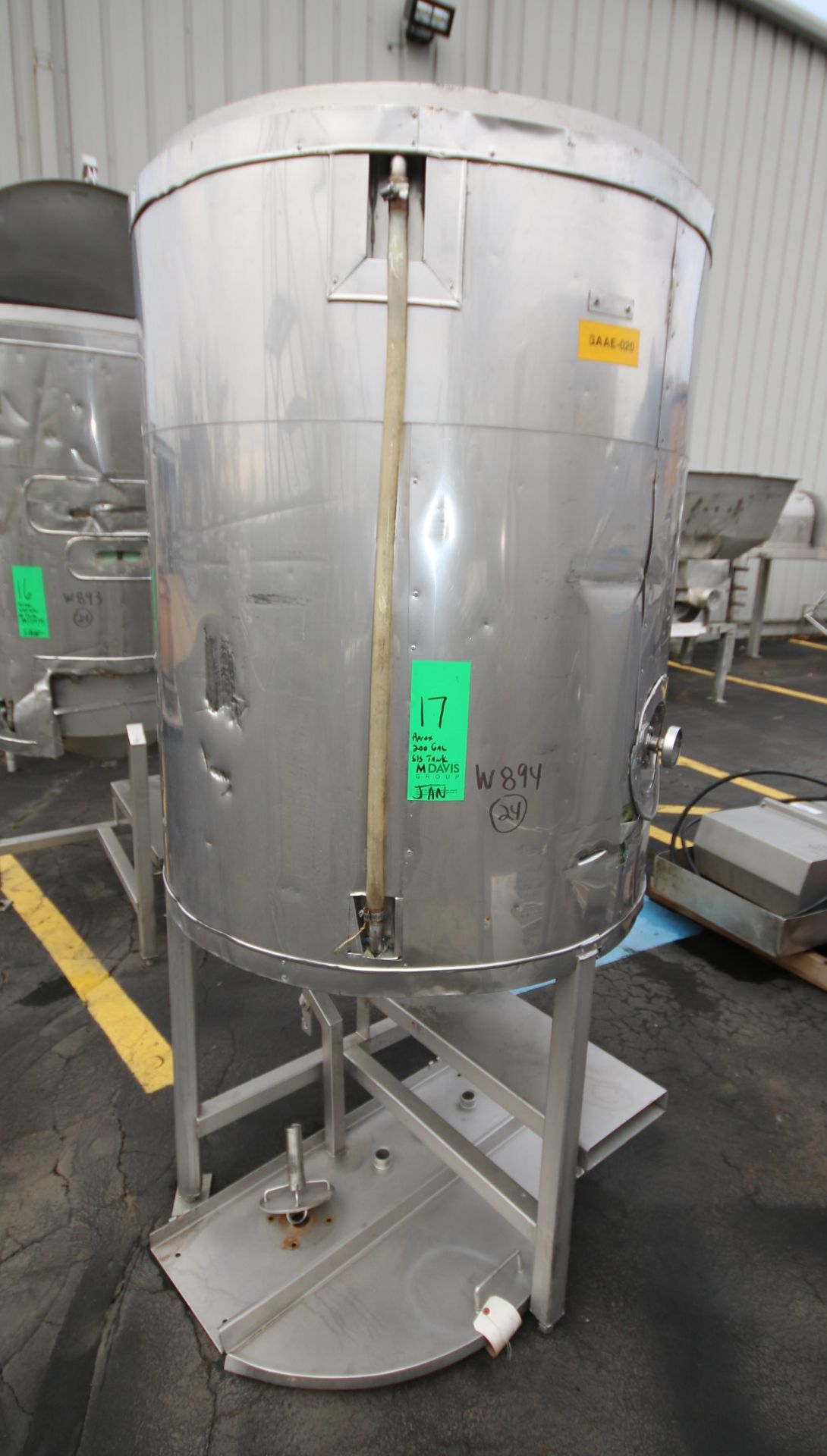 Aprox. 200 Gal. Cone Bottom S/S Tank with Hinged Lid, with Partial Hinged Lid, 2" CT Bottom