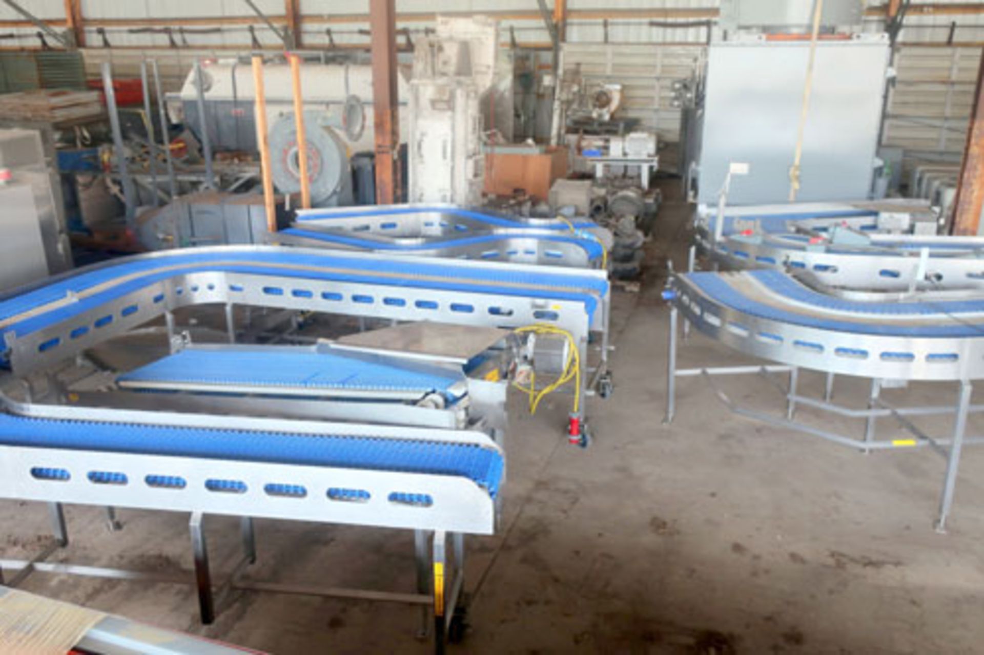 Plastic link belt motorized conveyor system consisting of; (2) sections 30.5" x 80" inclined (no