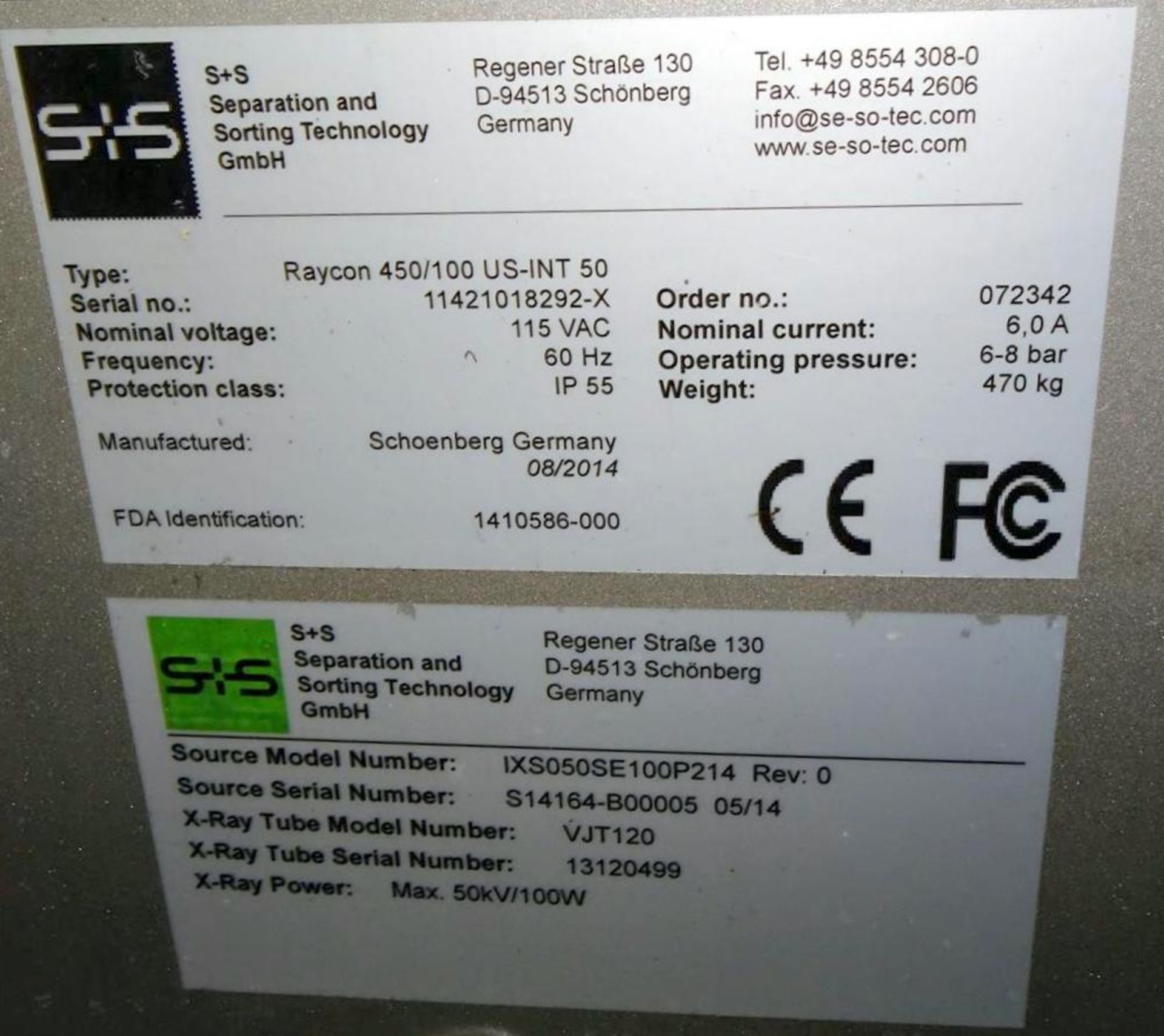 Sesotec Raycon X-Ray Food Inspection System, Type 450/100 US-INT 50. Serial # 11421018292-X. Max - Image 12 of 12