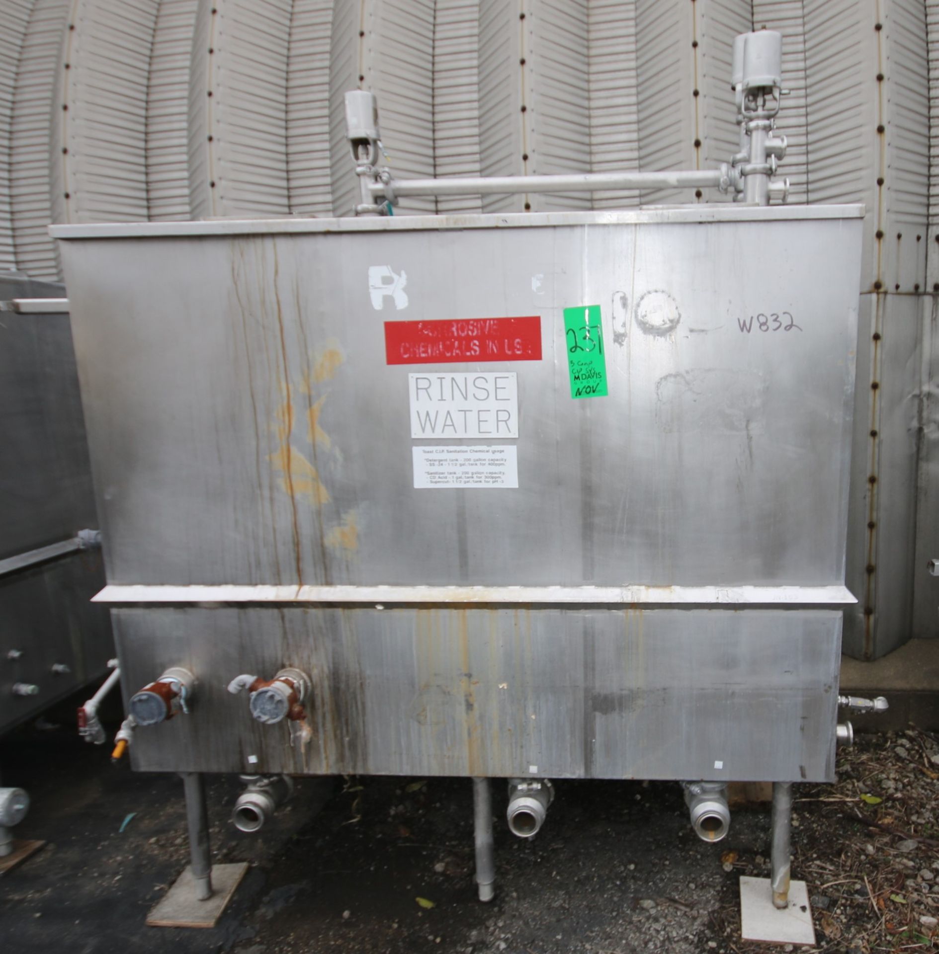 3 - Compartment Rectangular S/S CIP Tank with 6'L x 3'W x 54"H Tank, with Valves, (W832)