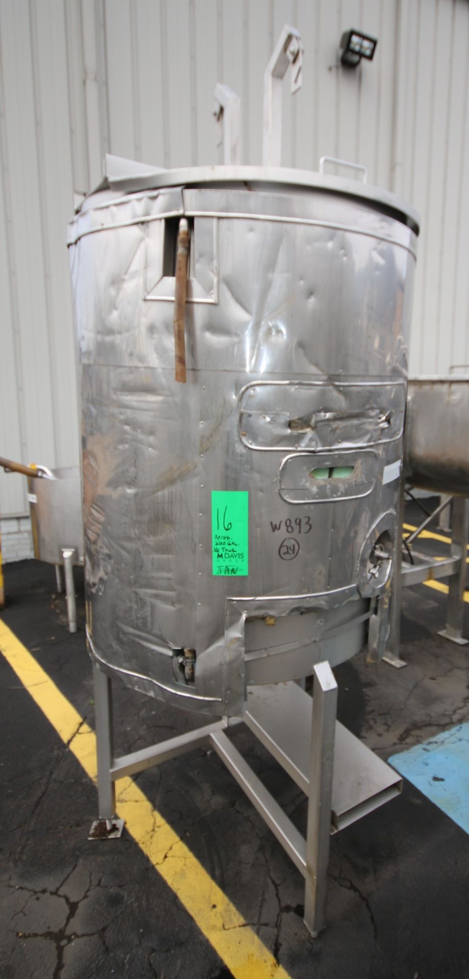 Aprox. 200 Gal. Cone Bottom S/S Tank with Hinged Lid, with Hinged Lid, 2" CT Bottom Connector,