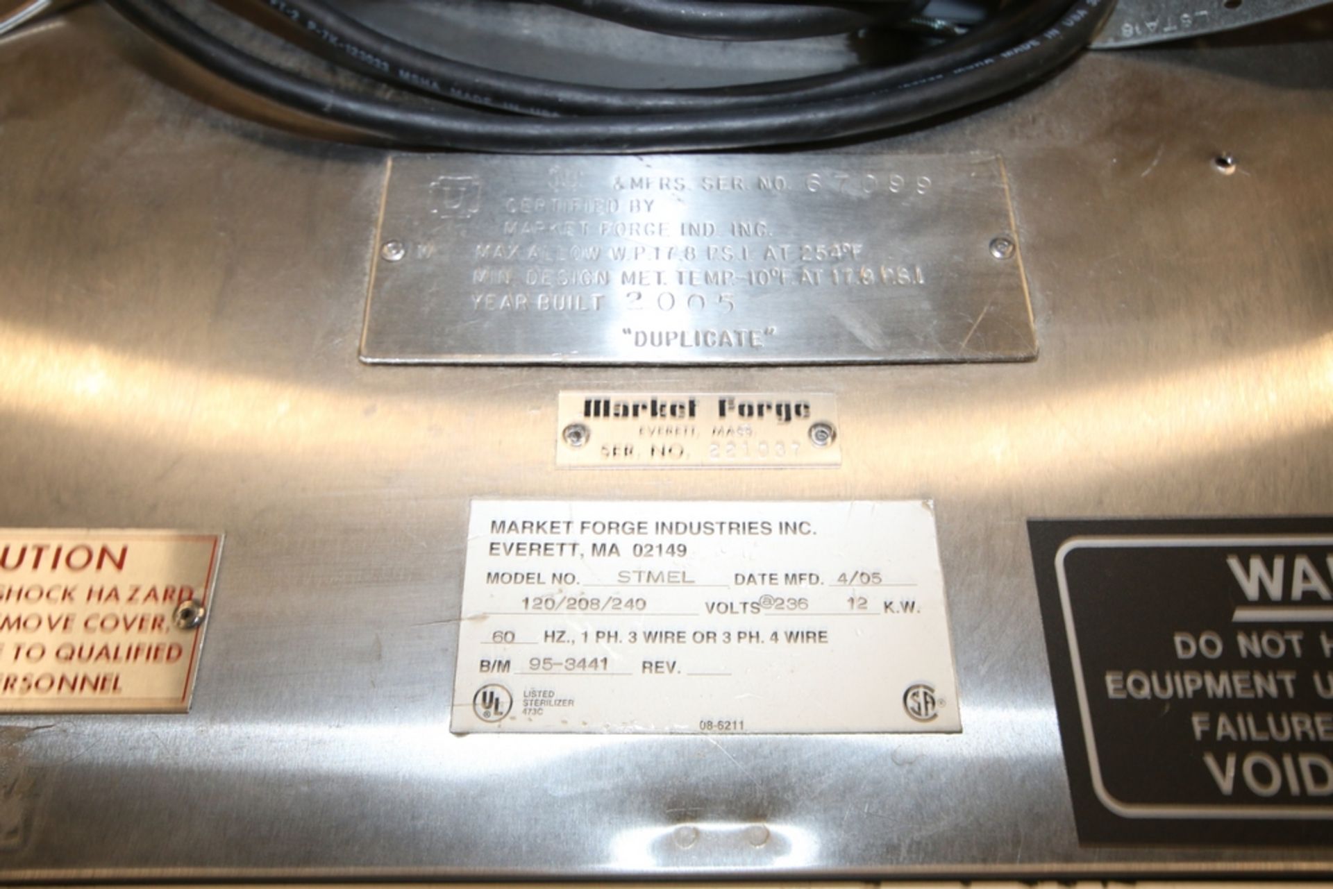 Market Forge Sterilmatic S/S Autoclave, M/N STMEL, S/N 67099, MAX.: W.P. 17.8 PSI @ 254 F, MIN.: -10 - Image 3 of 4