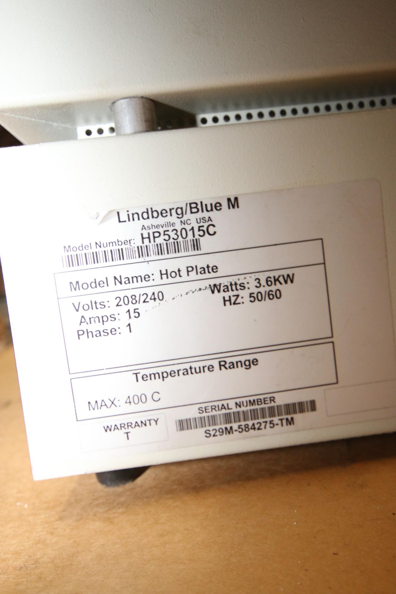 Lindberg/Blue Hot Plate, M/N HP53015C, S/N S29M-584275-TM, Temp. Range: 400 C MAX., Plate Dims.: - Image 3 of 3