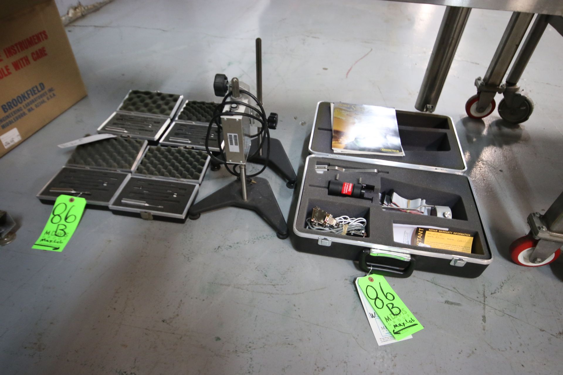 Lot of Assorted Viscometer Accessories, Includes (2) Stands, (4) Cases of S/S Mix Attachments, and