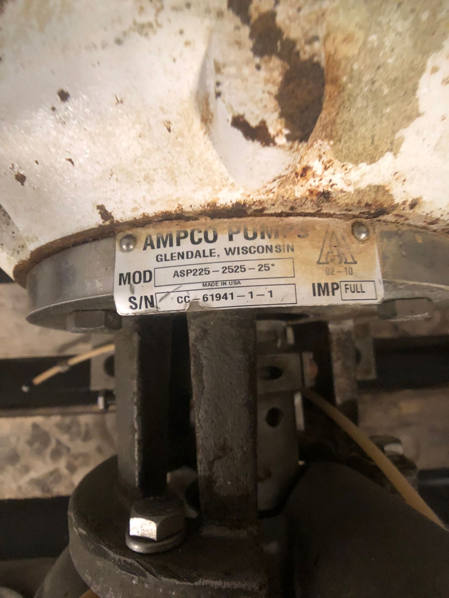 Ampco 20 hp Centrifugal Pump, Model ASP225-2525-25, SN CC-61941-1-1, with 2.5" x 2.5" Clamp Type - Image 4 of 5