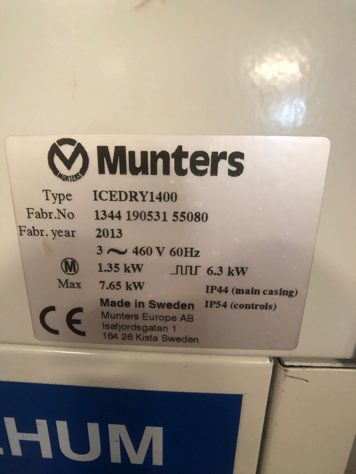 2013 Munters Icedry 1400 Dehumidifier, Model ICEDRY1400, Fab No. 1344 190531 55080, 3 Phase, 460 V - Image 9 of 9