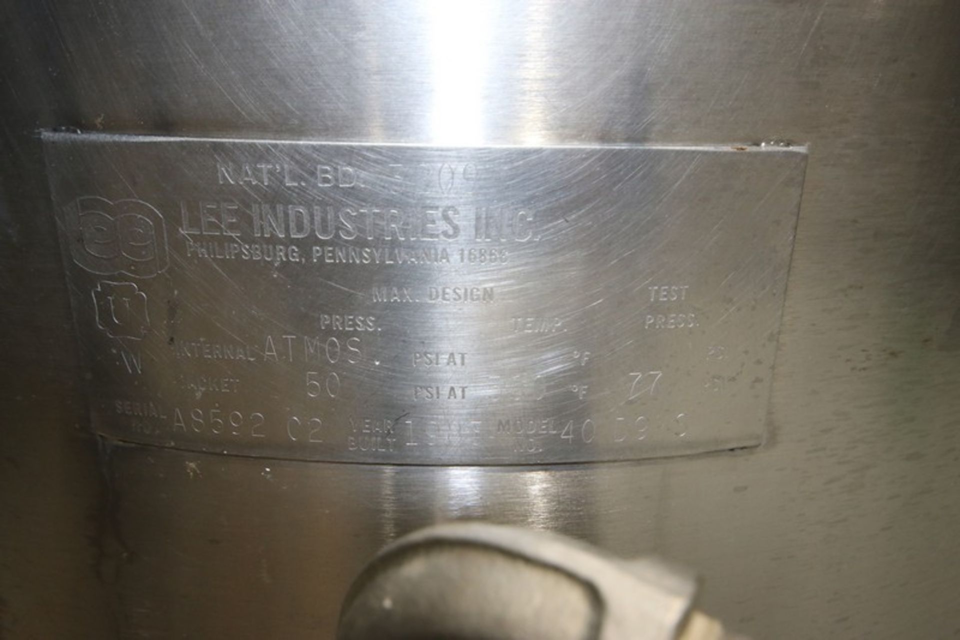 Lee S/S 40 Gal. Kettle, M/N 40D9MS, S/N A8592 C2, Jacket 50 PSI @ 300 F 77 PSI - Image 8 of 8