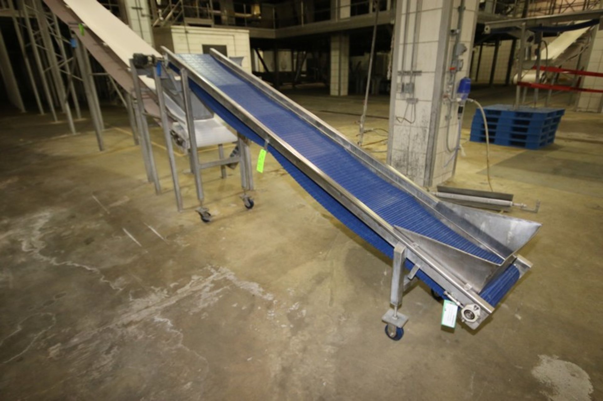 S/S Incline Conveyor, Aprox. 11' L x 18" W Interlock Belt, Mounted on S/S Portable Frame,