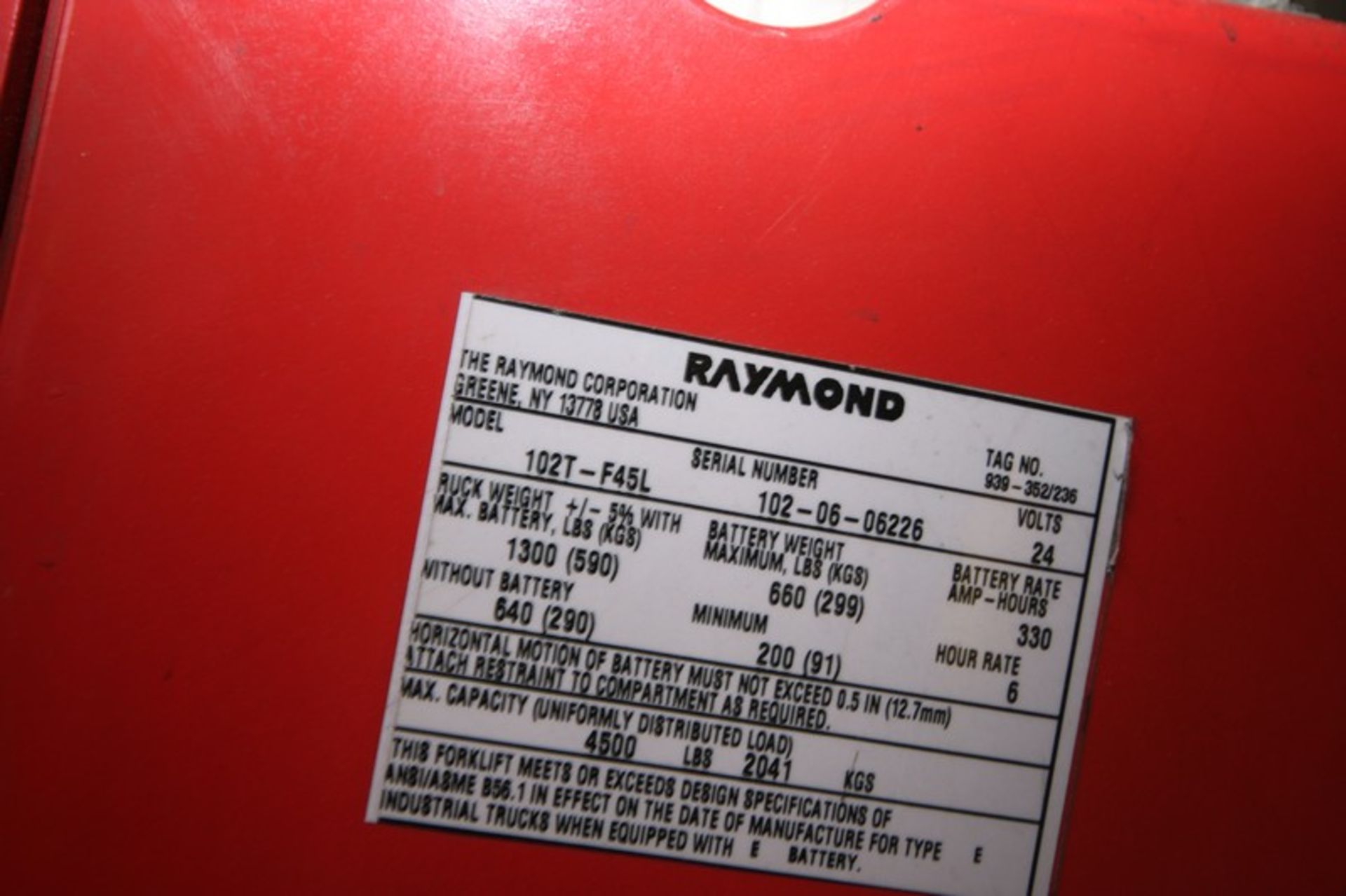 Raymond 4,500 lb. Electric Pallet Jack, M/N 102T-F45L, S/N 102-06-06226, 24 Volt Battery - Image 2 of 3