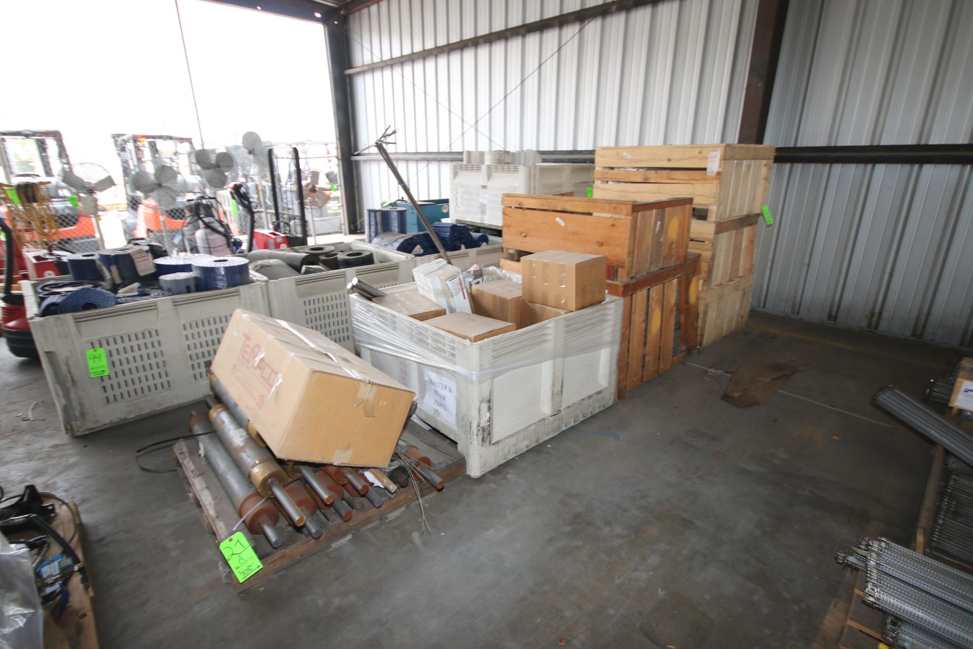 Lot of Assorted Roaster Parts, Including Spare Mesh Conveyor Belt, Rollers, Chain, and Other New