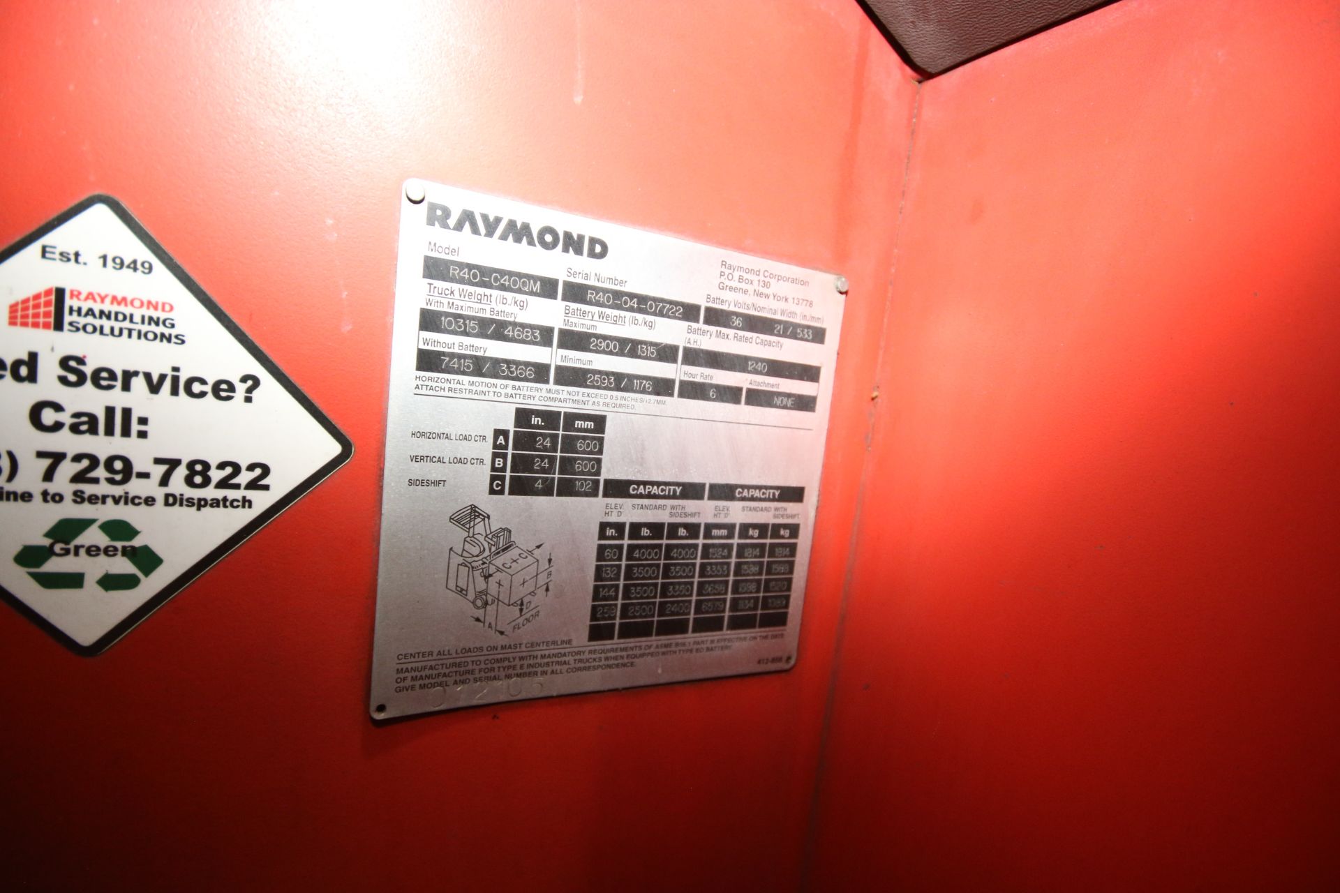 Raymond 5,600 lb. Stand-Up Electric Forklift, M/N R40-C40QM, S/N R40-04-07722, with Deka 36 Volt - Image 4 of 8