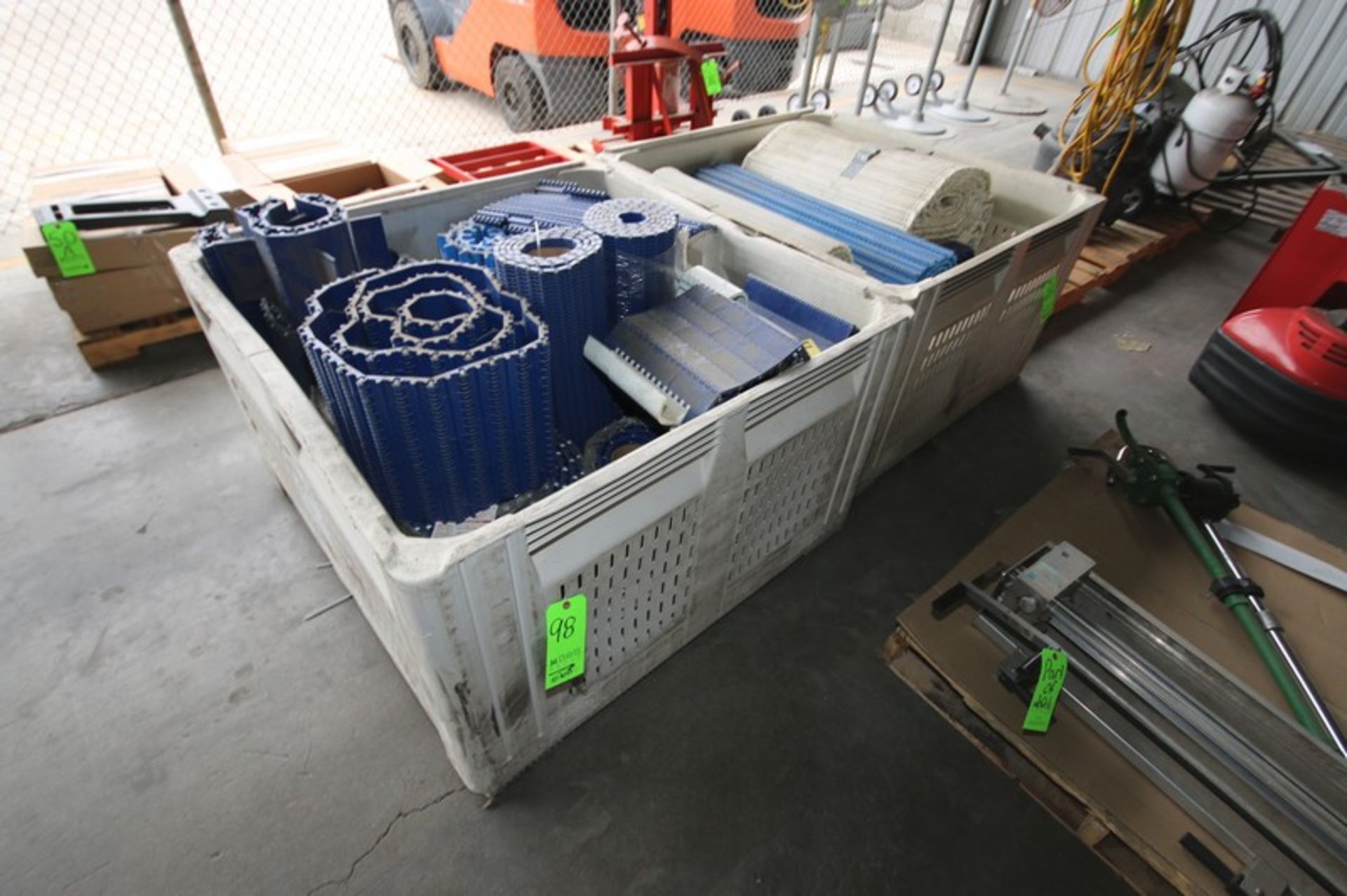 (2) Macro-Bins Full of Spare Conveyor Belts, with Interlock Belt Rolls, Aprox. 12" W- 29" W