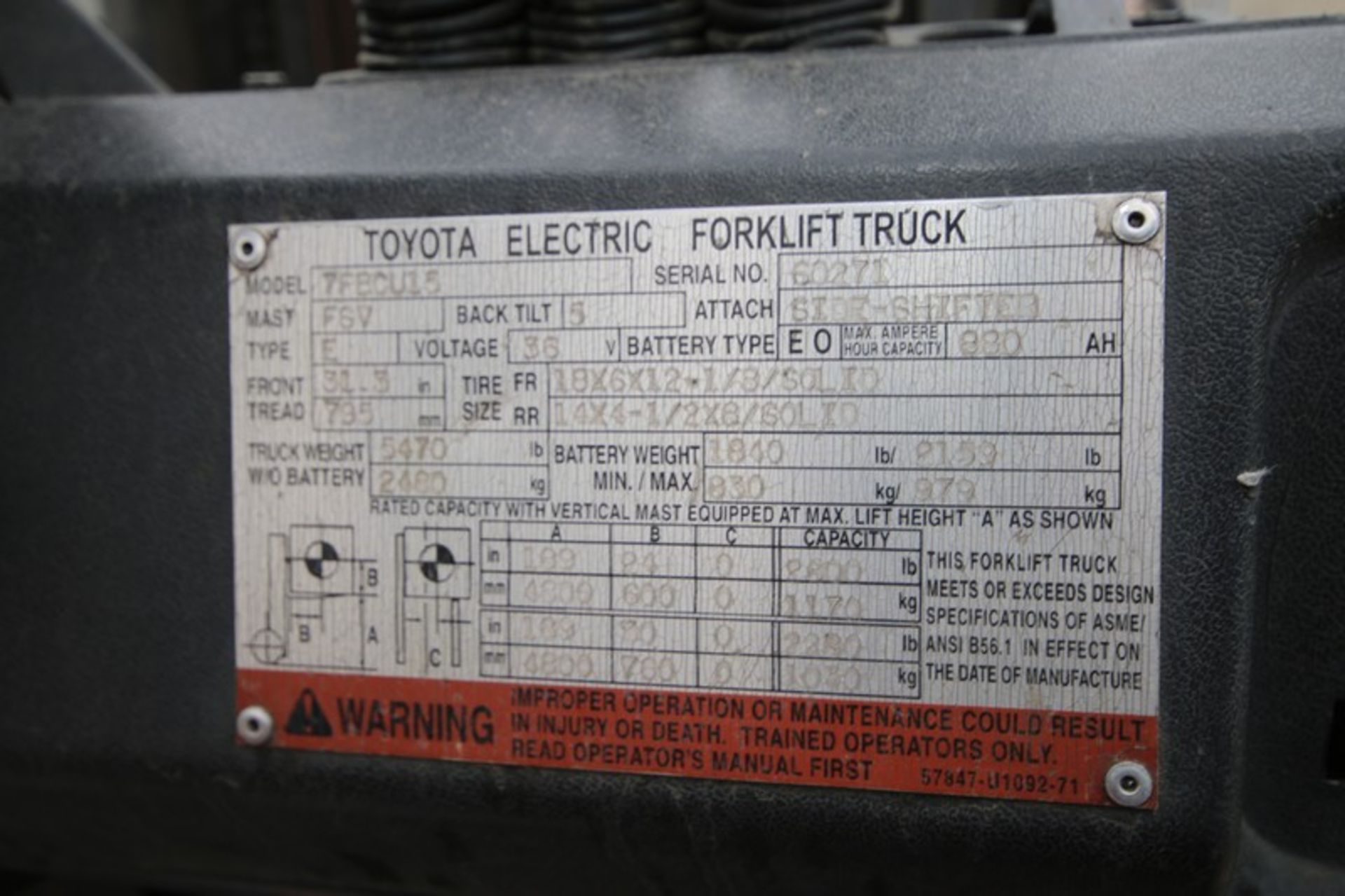 Toyota 2,600 lb. Sit-Down Electric Forklift, M/N 7FBCU15, S/N 60271, with 36 Volt Battery, with - Image 6 of 8