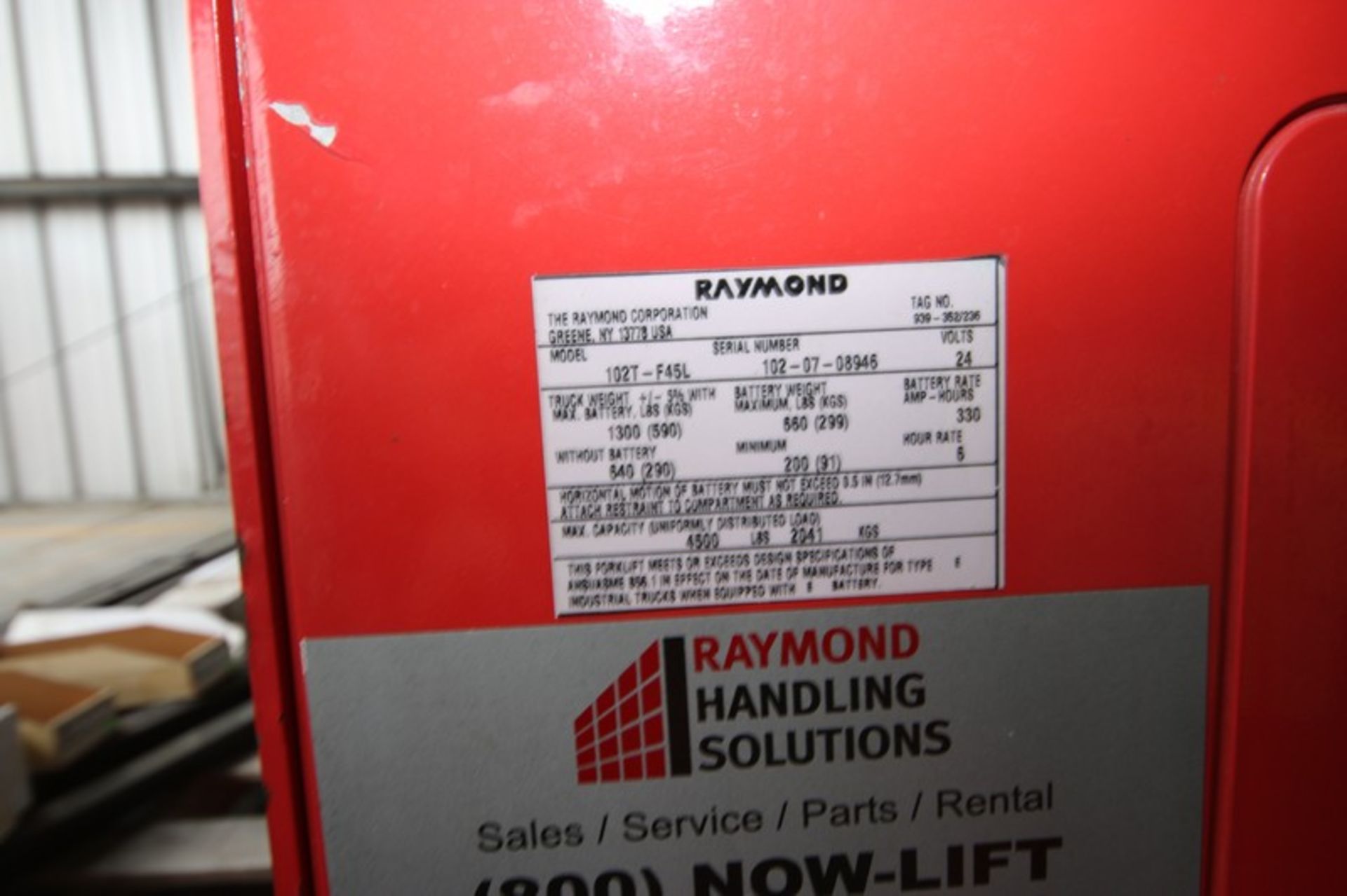 Raymond 4,500 lb. Electric Pallet Jack, M/N 102T-F45L, S/N 102-07-08946, 24 Volt Battery - Image 2 of 3