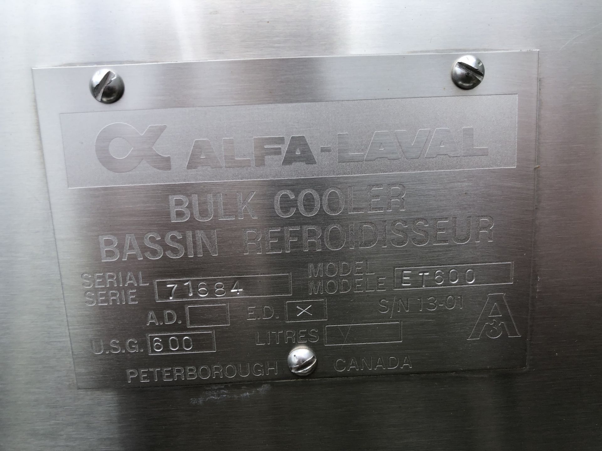 Alfa Laval 600 Gallon Jacketed S/S Bulk Cooler Farm Tank, S/N 71684, Model ET 600, Equipped with - Image 5 of 10