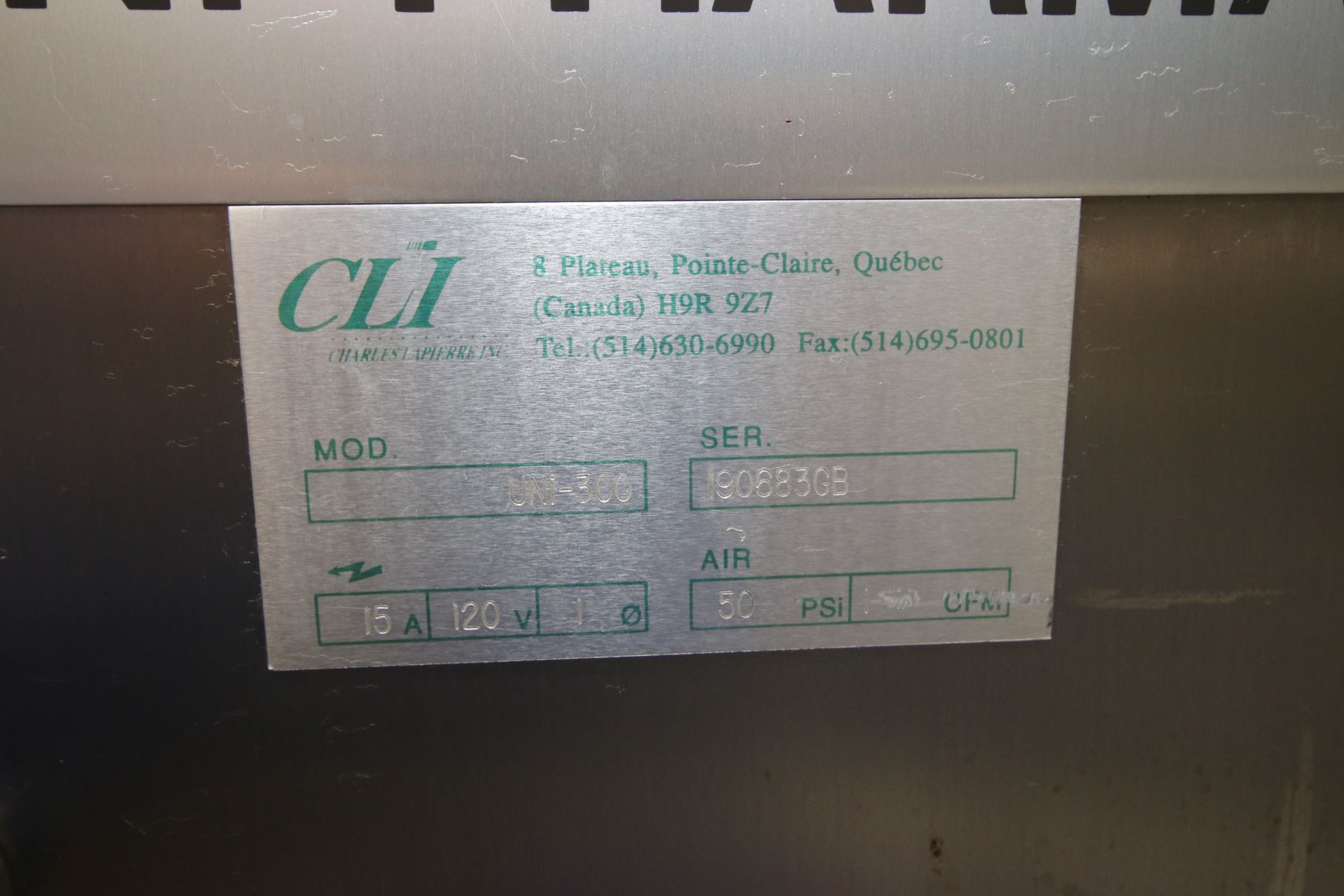 CLI S/S Labeler, M/N UNI-300, S/N 190683GB, 50 PSI, 120 Volts, 1 Phase, with Aprox. 72" Conveyor, - Image 7 of 7