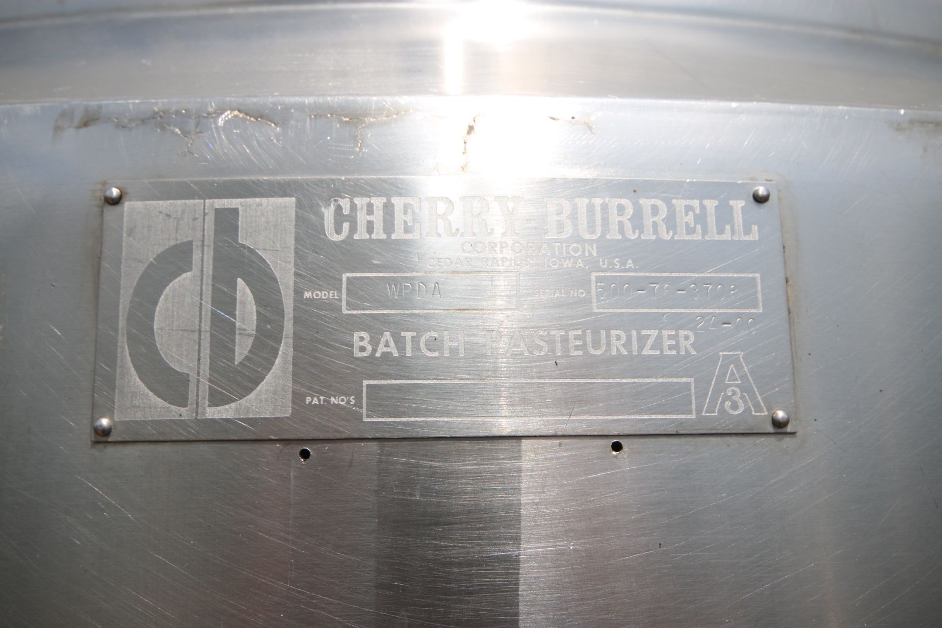 Cherry-Burrell 500 Gallon S/S Batch Pasteurizer, M/N WPDA, S/N 500-76-3708, Mounted on S/S Legs, - Image 3 of 7