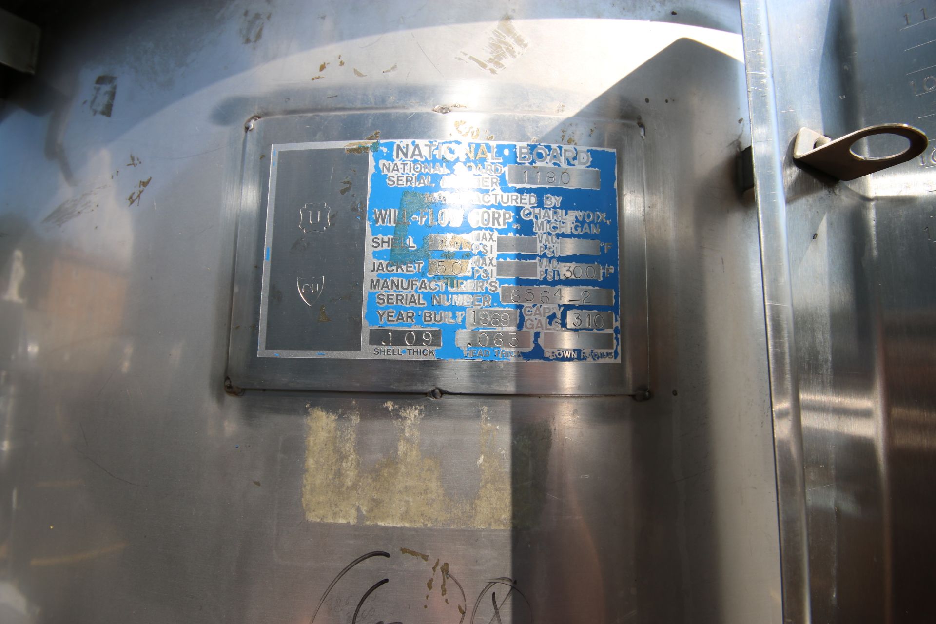 LHE 310 Gal. S/S Jacketed Vertical Tank, M/N 310GAL.CJ, S/N 6564-2, with Bottom Half Dimple - Image 4 of 6